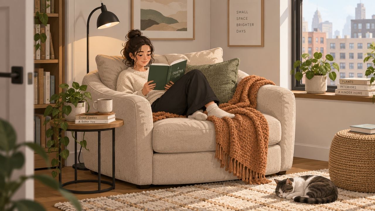 A cozy, sunlit living room featuring a person reading a book on a comfortable chair and a half.