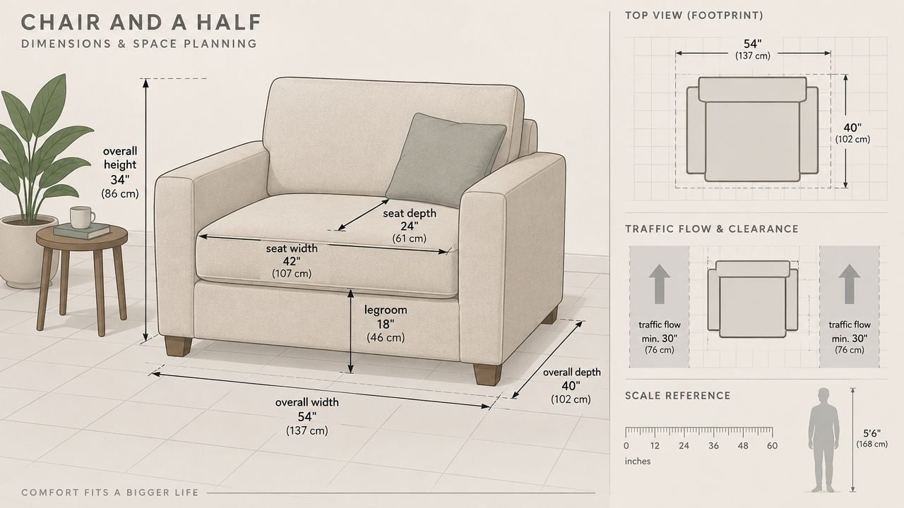 A diagram illustrating the dimensions, layout, and traffic clearance recommendations for a chair and a half.