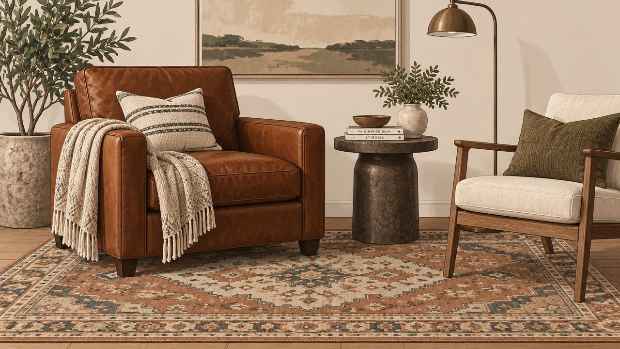A cozy living room setting featuring a leather chair-and-a-half, an accent chair, and a decorative rug.