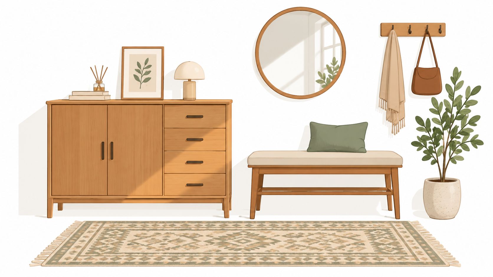 A modern entryway featuring a wooden cabinet, a cushioned bench, a round mirror, and a decorative rug.