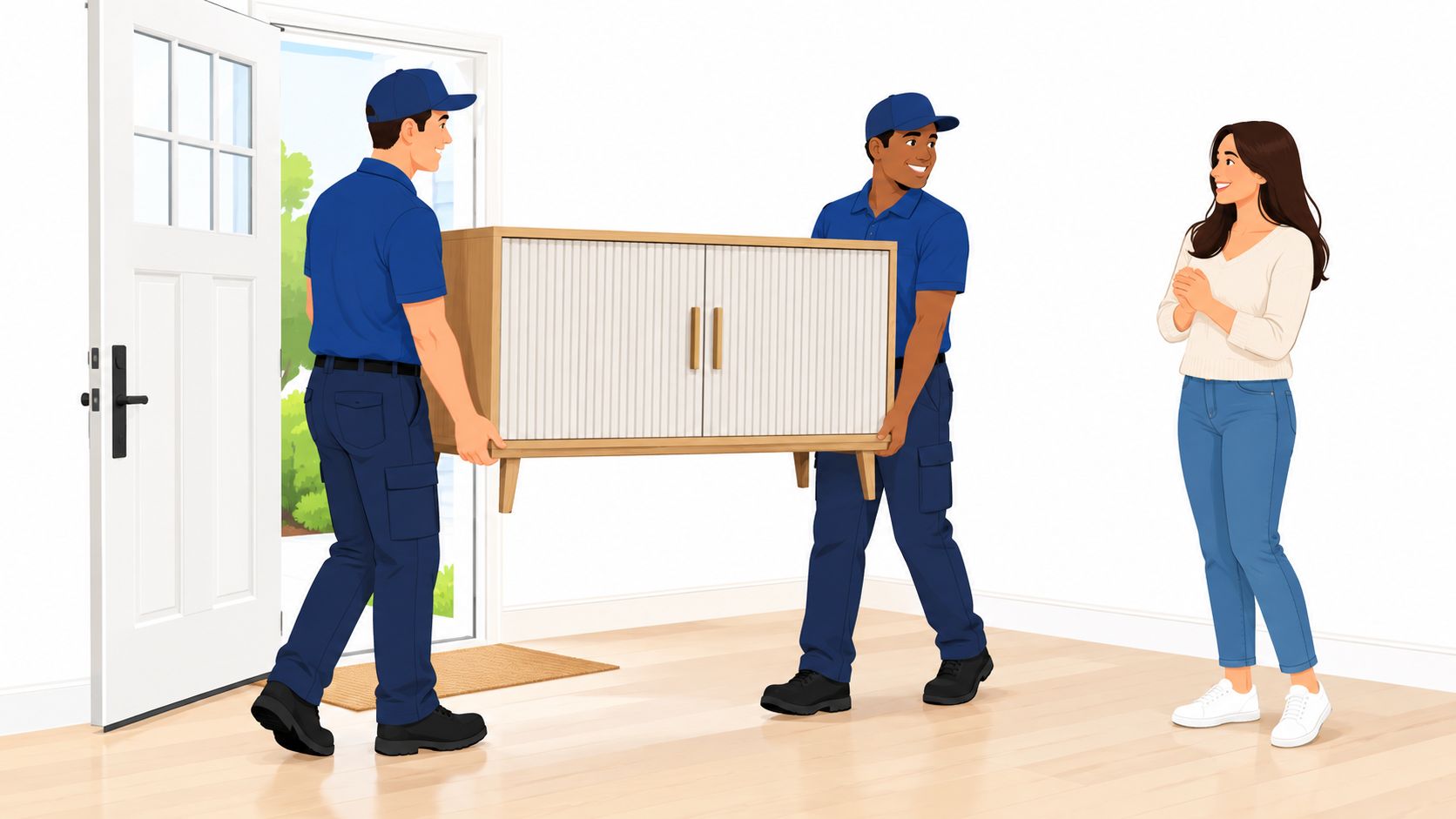 Two professional movers carrying a modern wooden cabinet into a house while a woman watches happily.