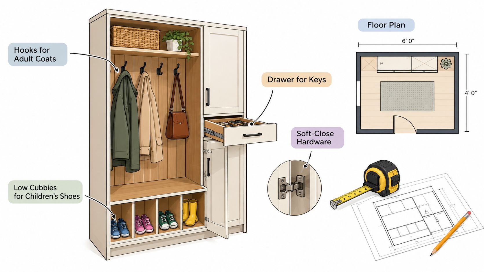 A modern white entryway mudroom unit with coat hooks, shoe cubbies, a storage drawer, and floor plans.