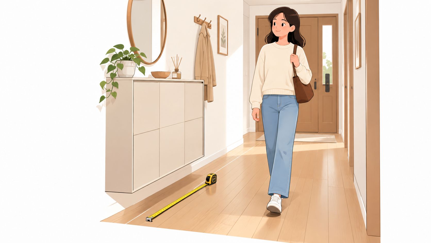 A woman walks through a bright entryway next to a white cabinet with storage and a measuring tape.