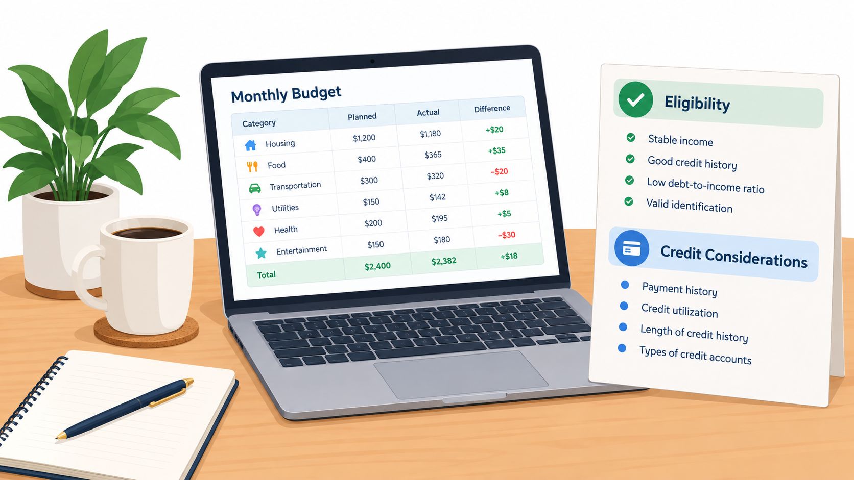 A laptop displays a monthly budget spreadsheet on a desk next to a credit eligibility checklist document.