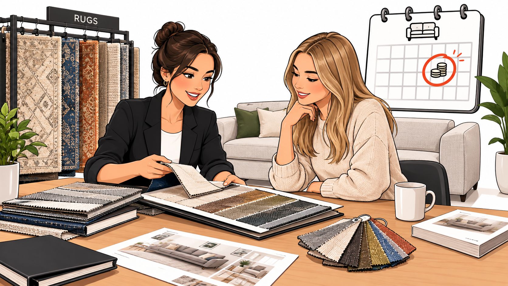 A professional interior designer and a client reviewing fabric swatches and furniture design plans at a table.