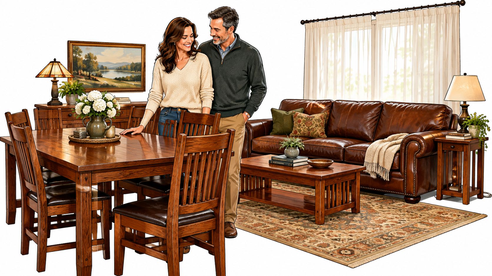 A smiling couple standing in a cozy living room furnished with a dark leather sofa and wooden dining set.