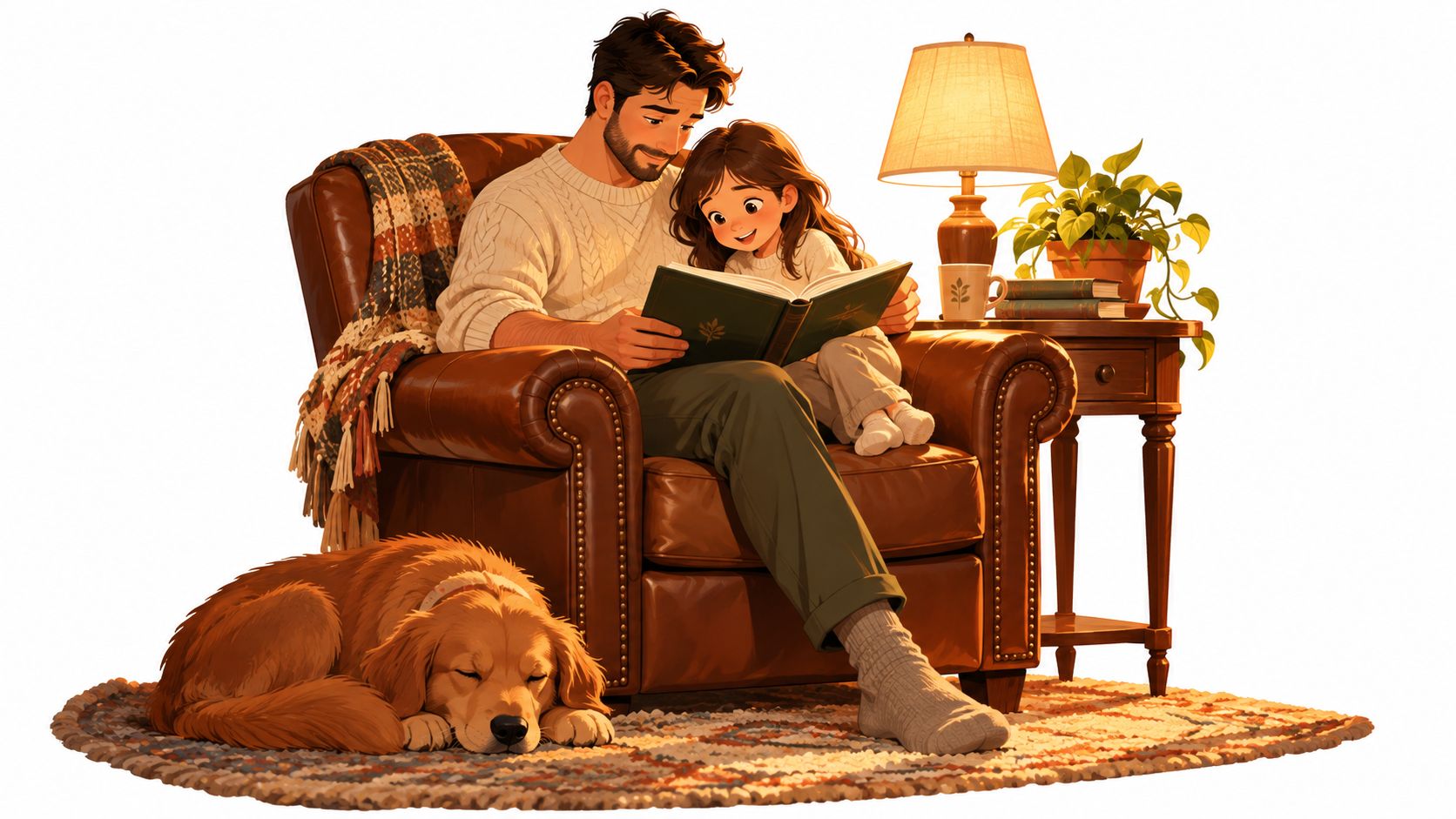A father and his young daughter reading a book together in a comfortable leather armchair with a dog.