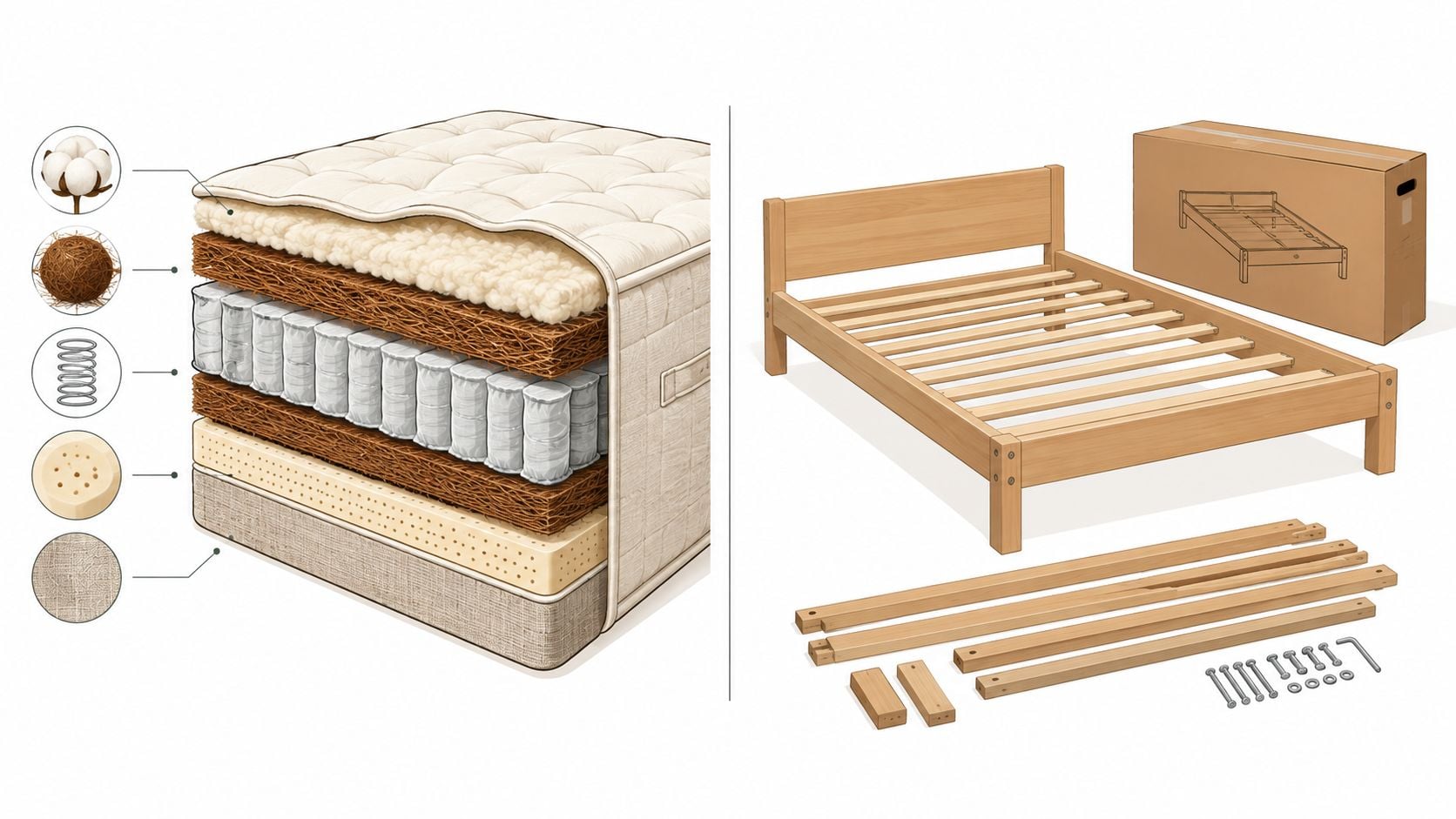 A split image showing a cross-section of a layered mattress and a wooden bed frame assembly kit.