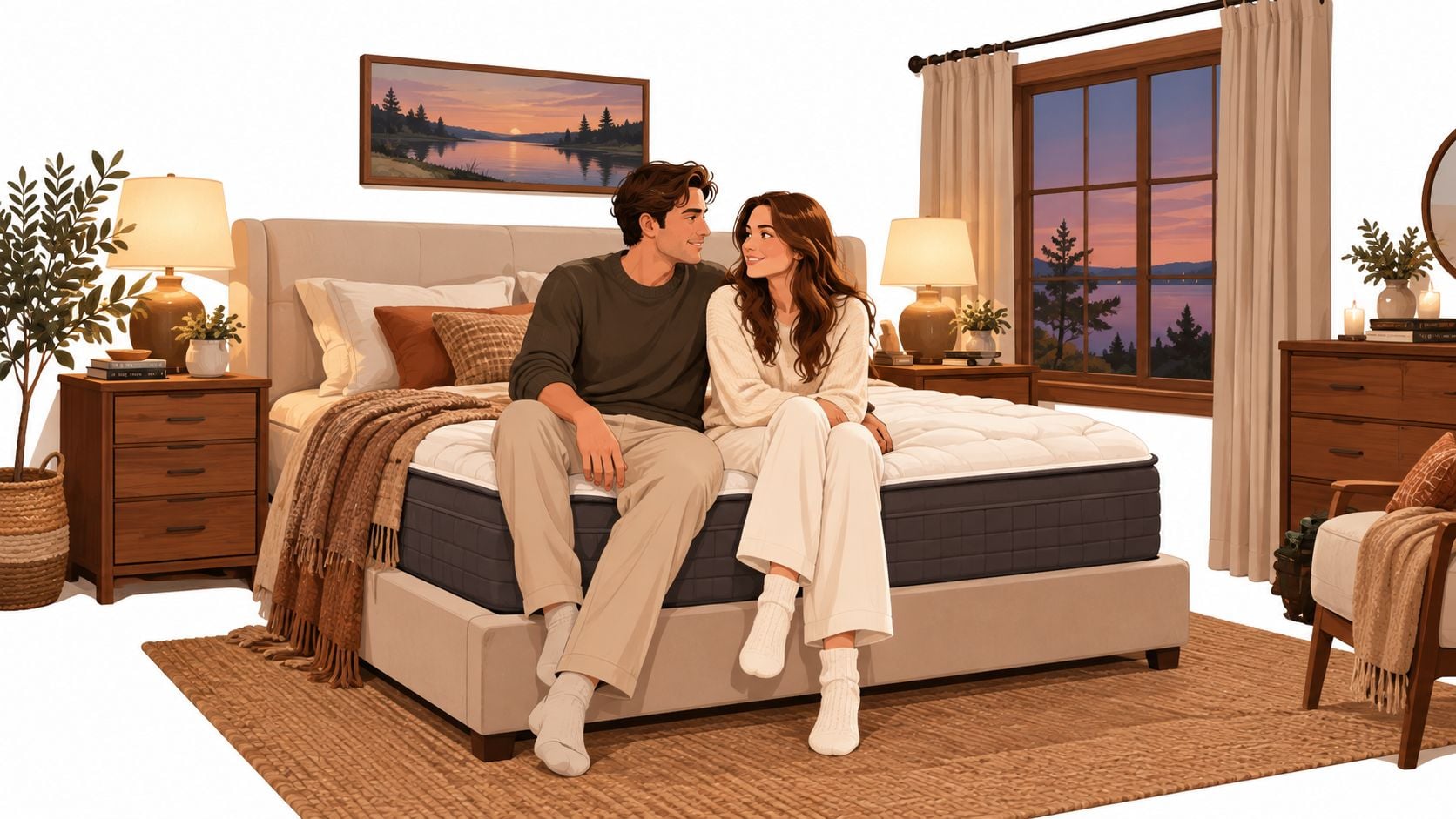 A happy couple sitting on a high-quality mattress in a cozy, modern bedroom at sunset.