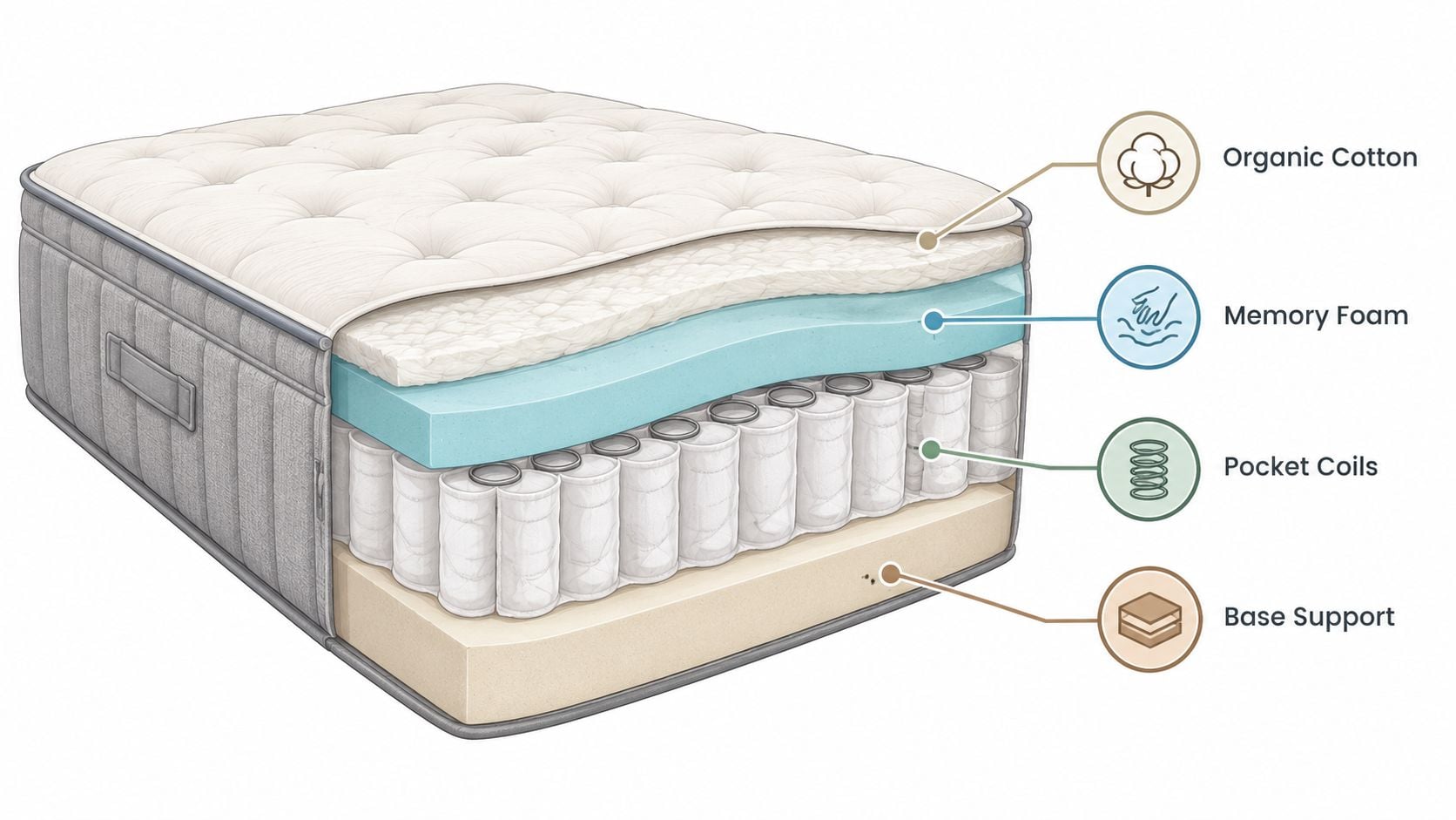 A detailed cross-section diagram of a mattress showing layers of organic cotton, memory foam, pocket coils, and base support.