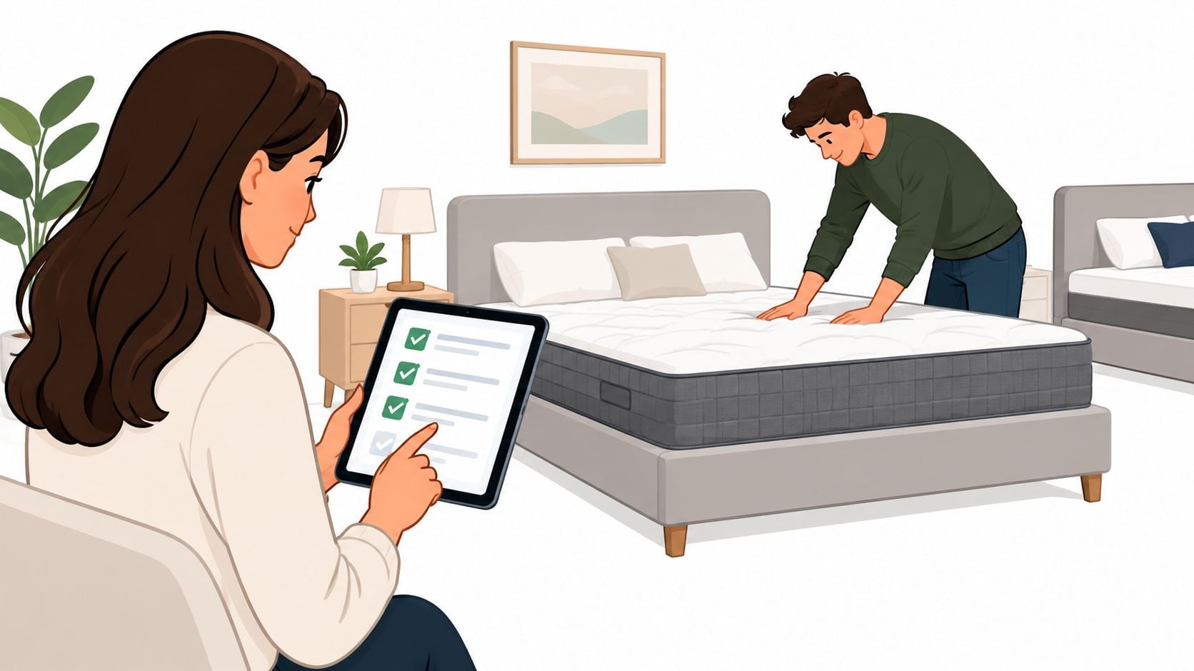 A couple shops for a new mattress in a furniture store using a digital tablet checklist.
