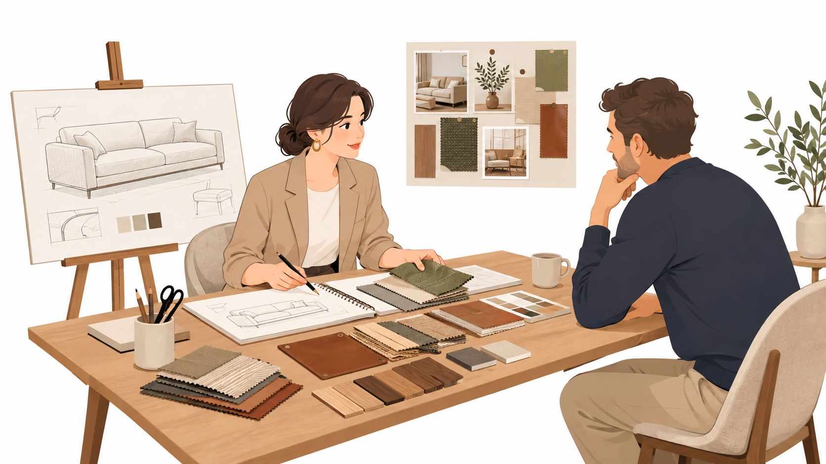 A professional female interior designer consulting with a male client over fabric and wood samples at a studio.