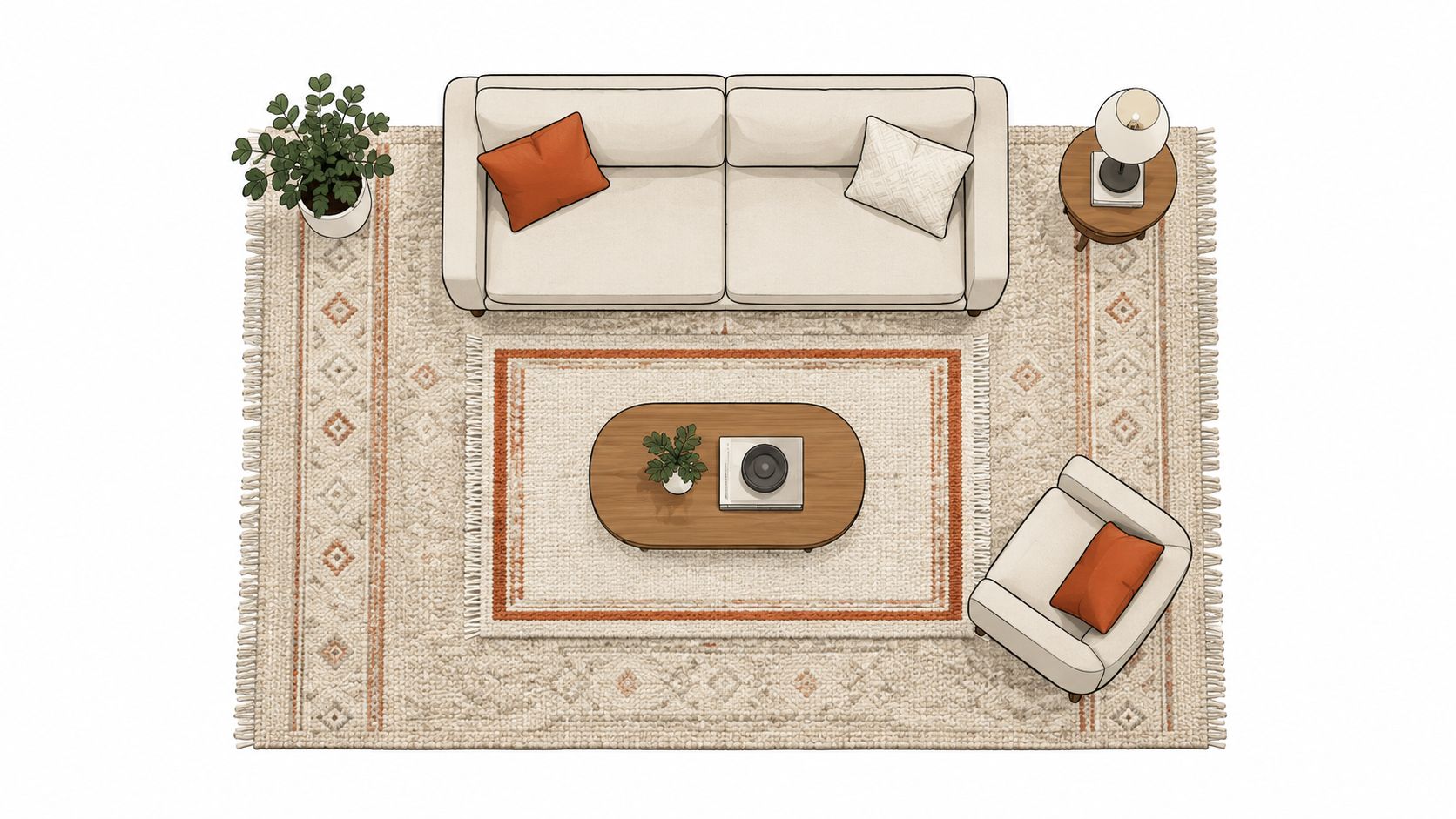 A top-down view of a modern living room layout with a white sofa, armchair, and area rugs.