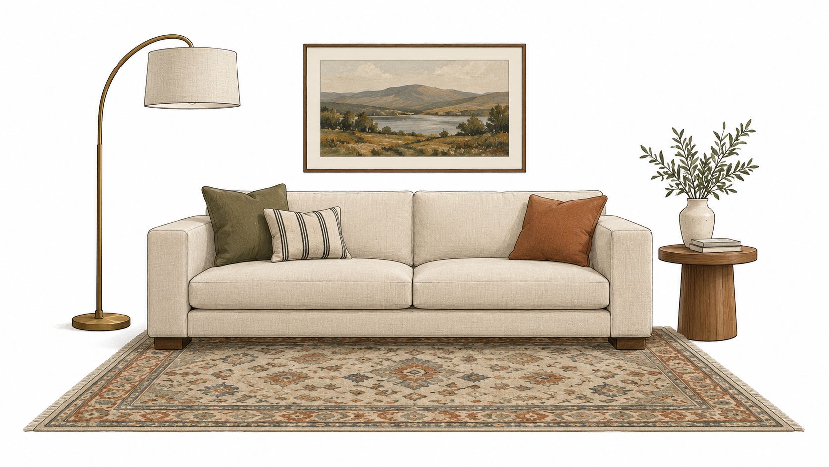 A modern living room featuring a neutral beige sofa, decorative pillows, wall art, and a patterned area rug.