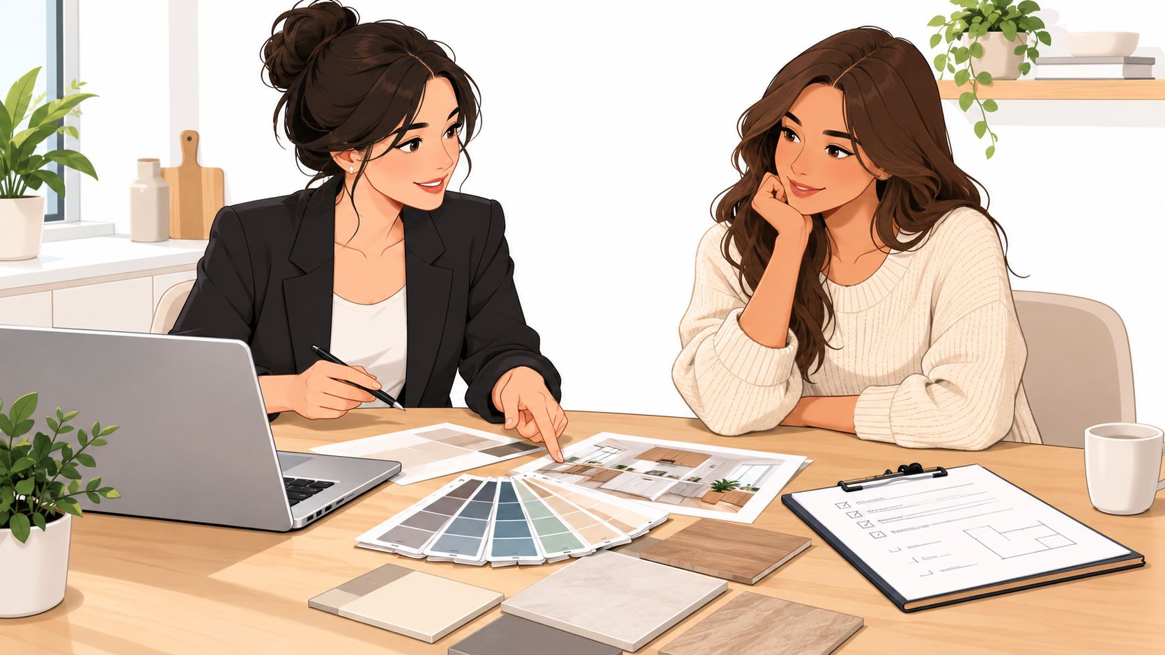 A professional interior designer consults with a client about color palettes and home design plans.