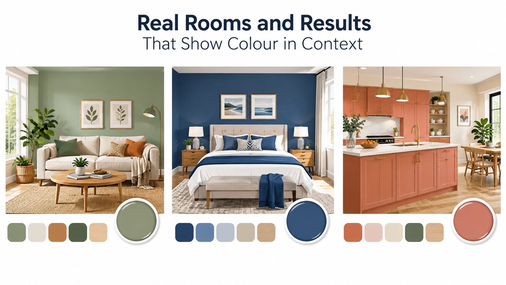Three different rooms featuring walls painted in sage green, navy blue, and terracotta with matching color palettes.