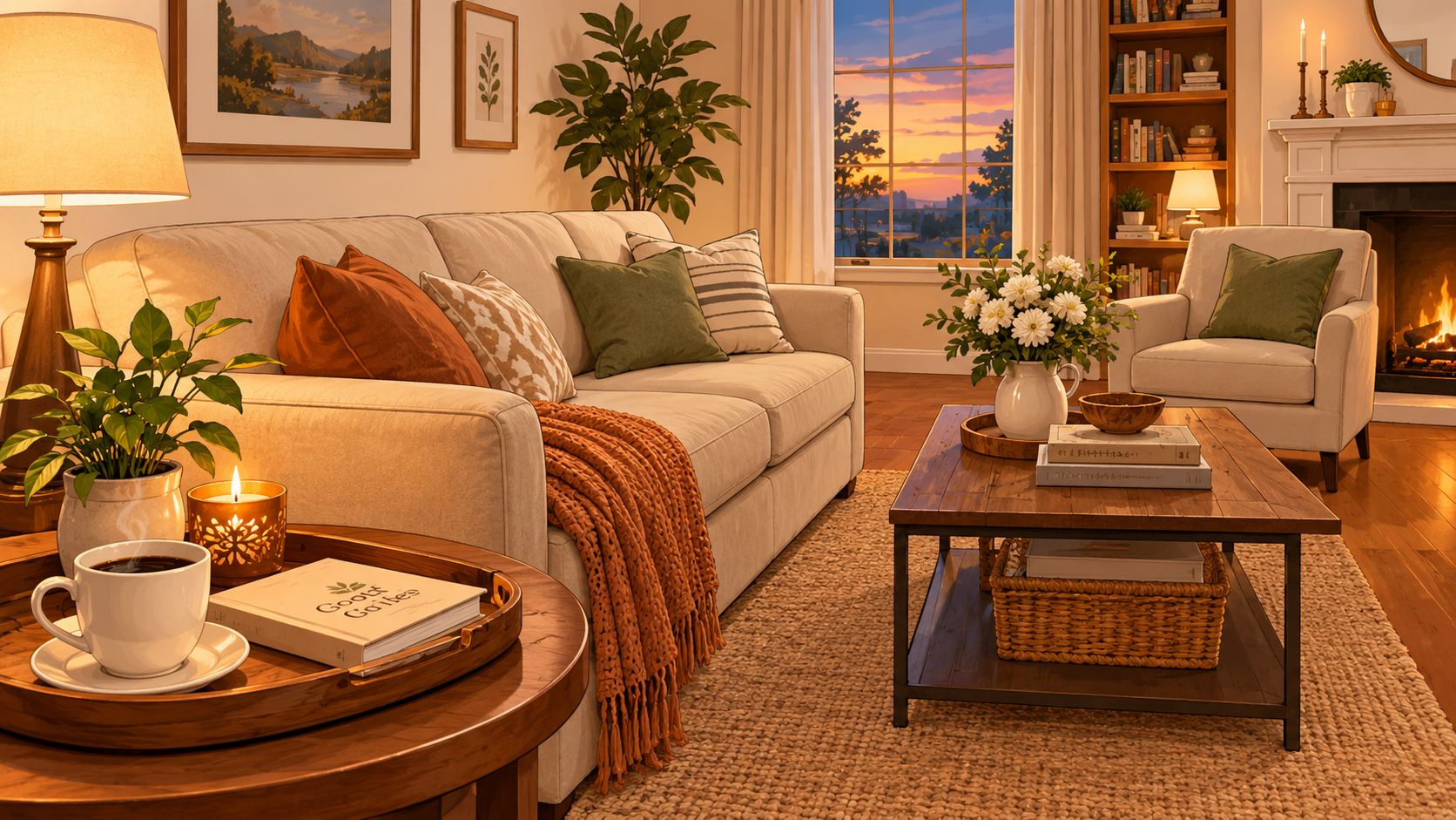 A cozy, sunlit living room featuring a comfortable sofa, warm lighting, and rustic decor during sunset.