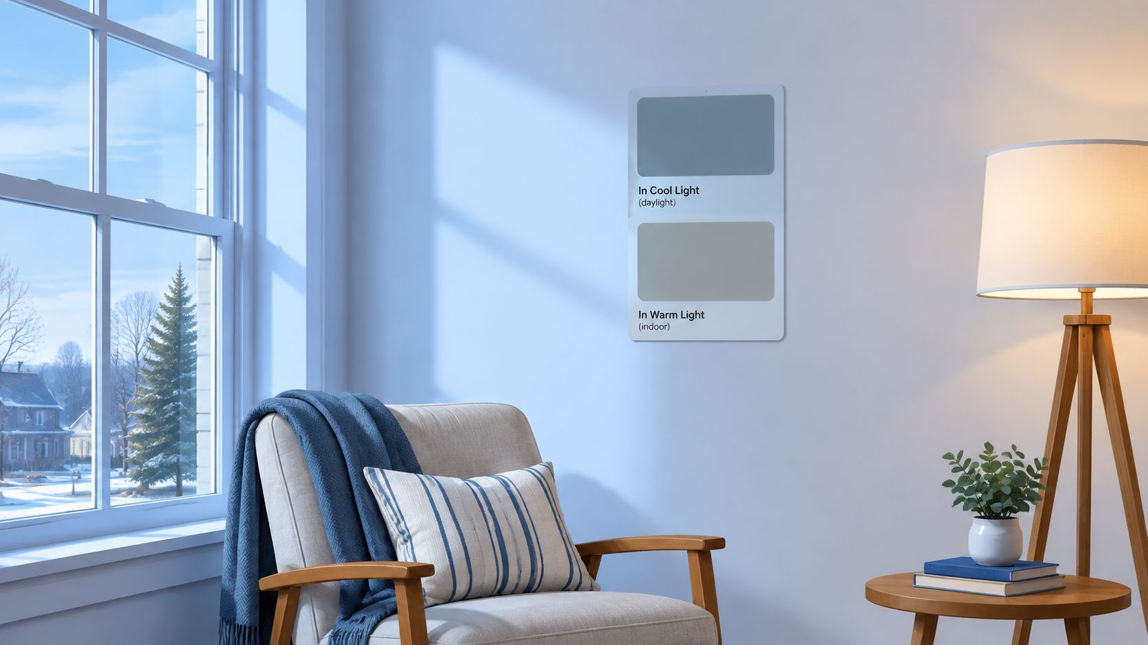 A paint color swatch showing two different shades on a light blue wall beside a cozy armchair.