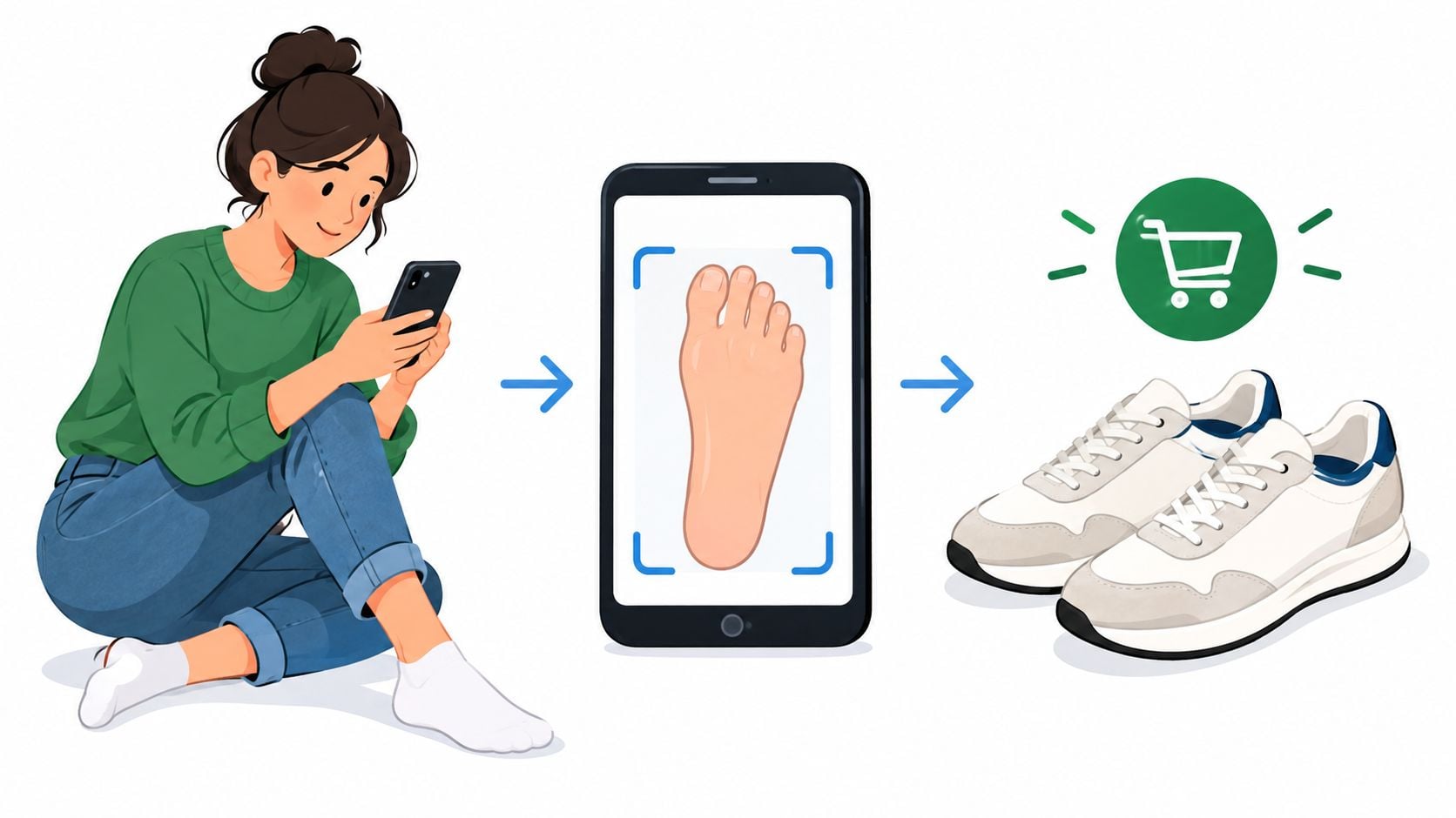A woman using her smartphone to scan her foot to find the perfect size for online shoes.