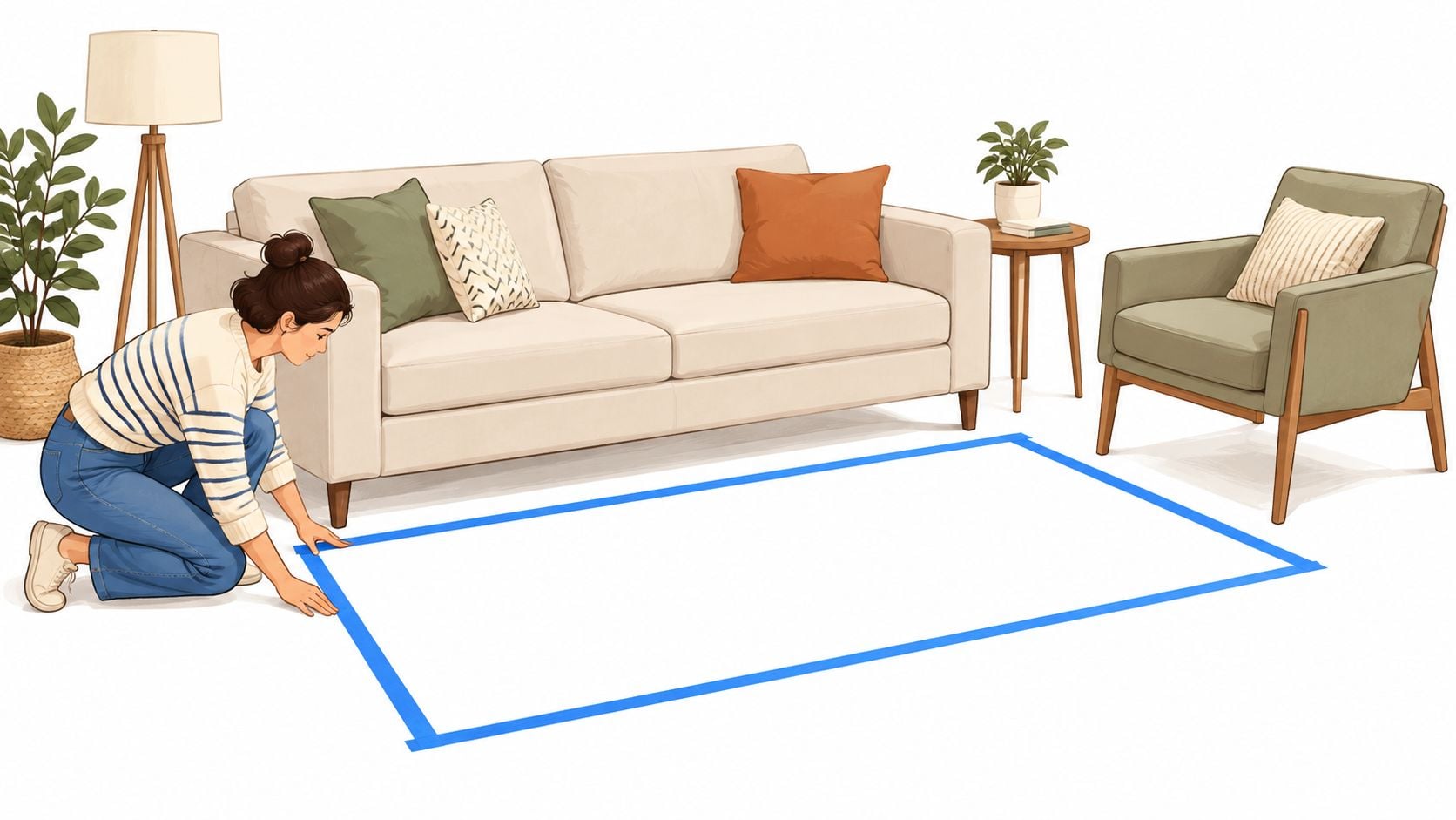 A young woman kneels on the floor, using blue painters tape to outline a rug size.