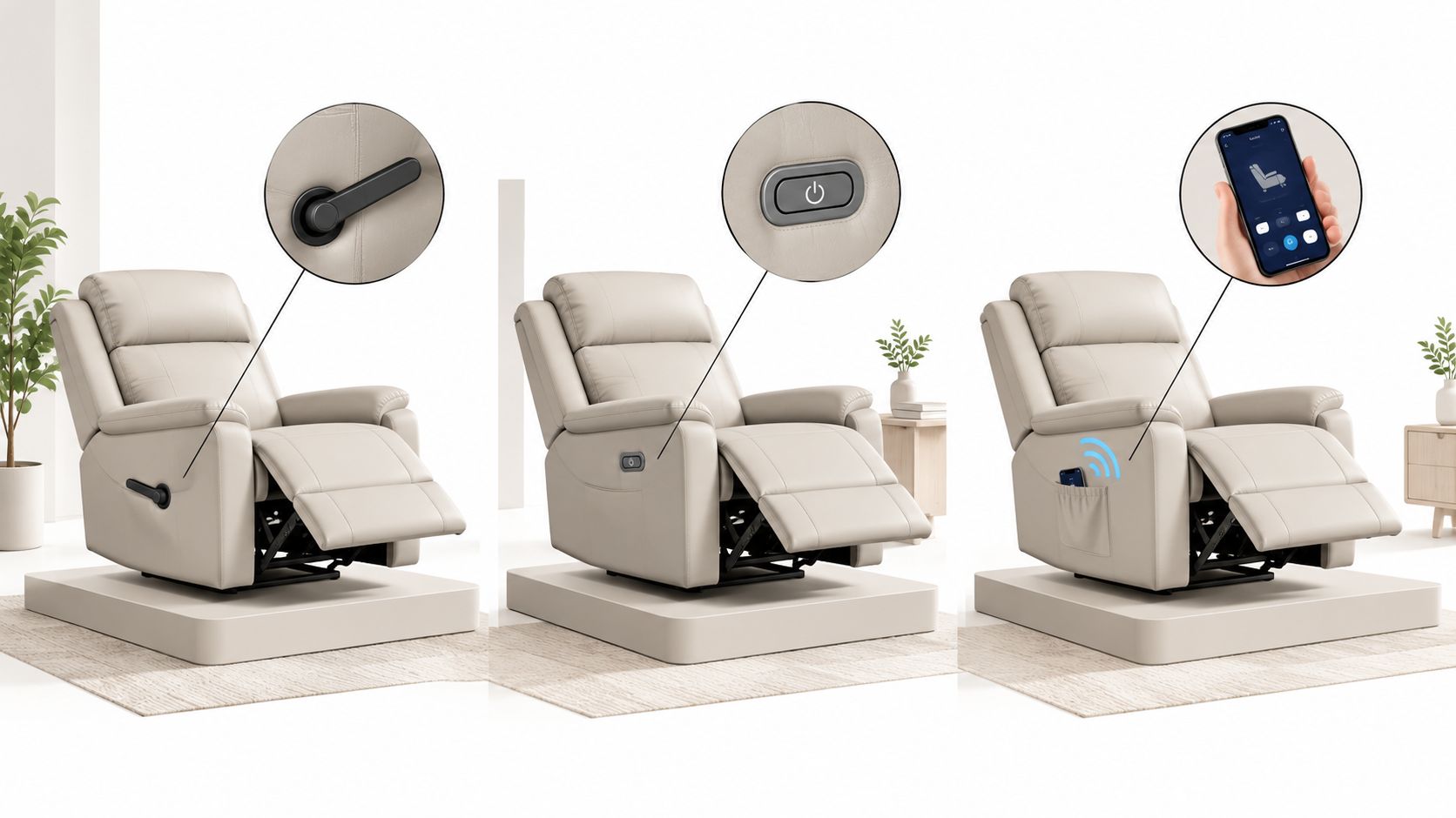 Three views of a beige modern recliner sofa showing manual handle, power button, and smartphone remote control features.