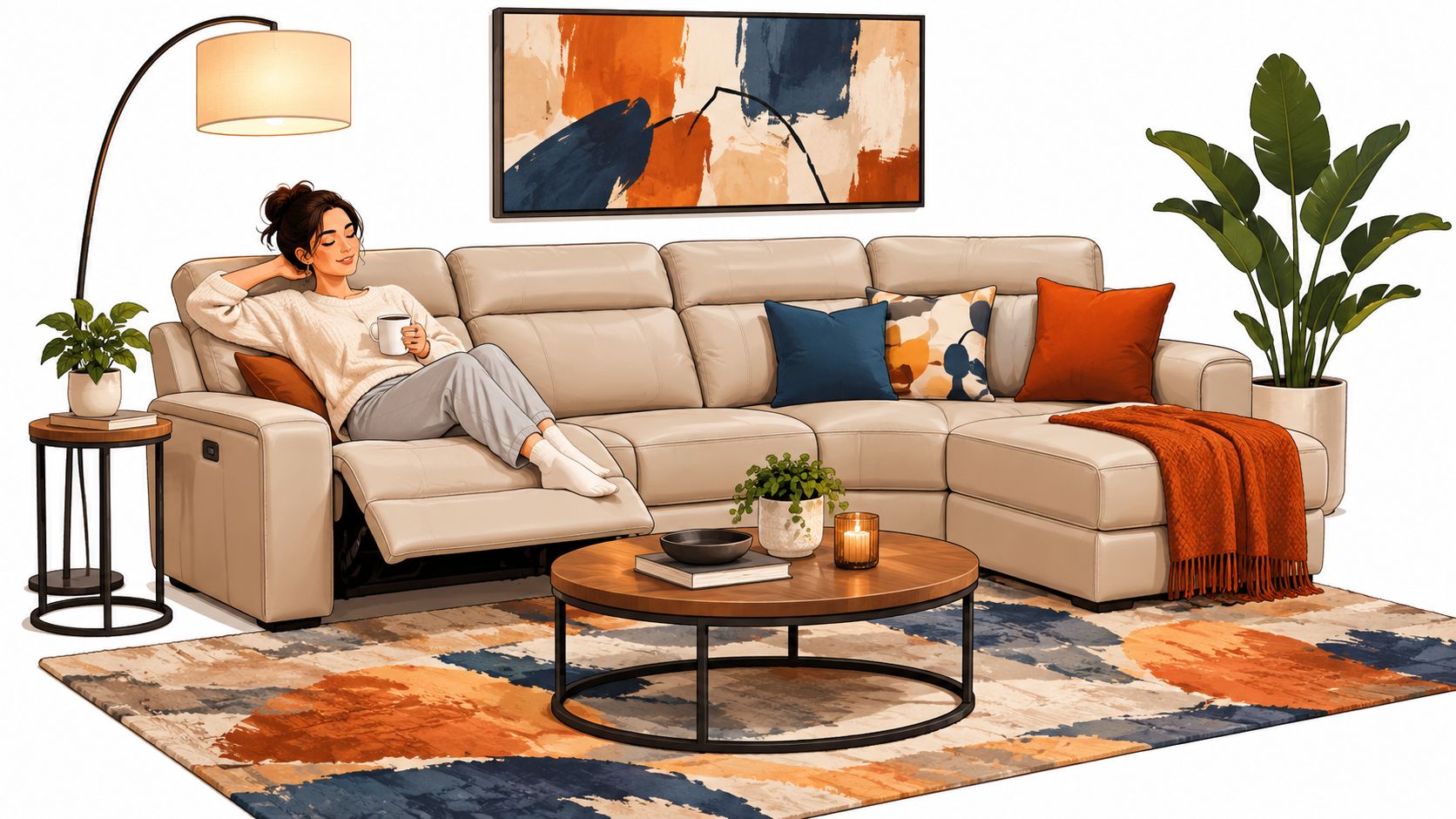A woman relaxing on a beige modern recliner sofa in a stylishly decorated living room with abstract art.