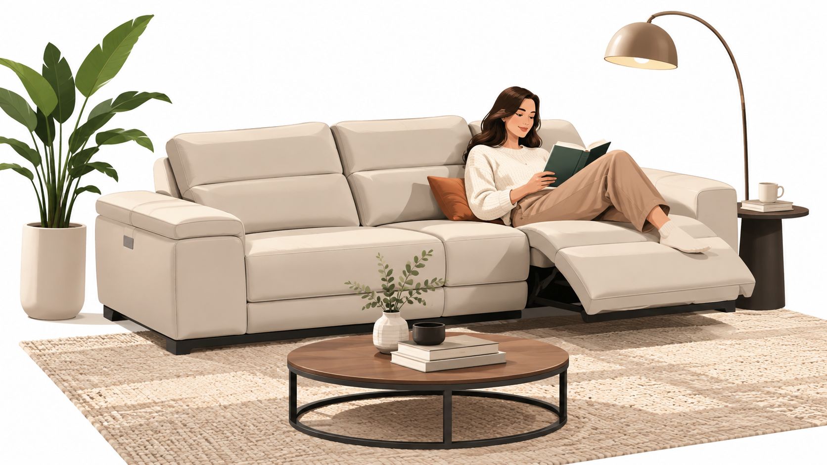A woman reads a book while relaxing on a modern beige recliner sofa in a cozy living room.