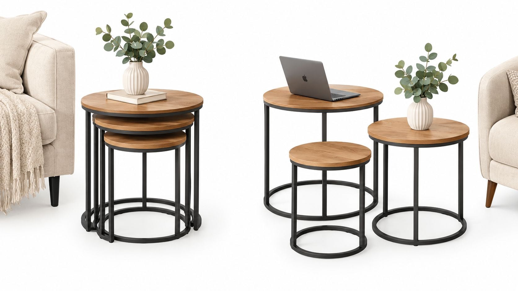 Three circular wooden nesting side tables with black metal frames displayed in a modern living room setting.