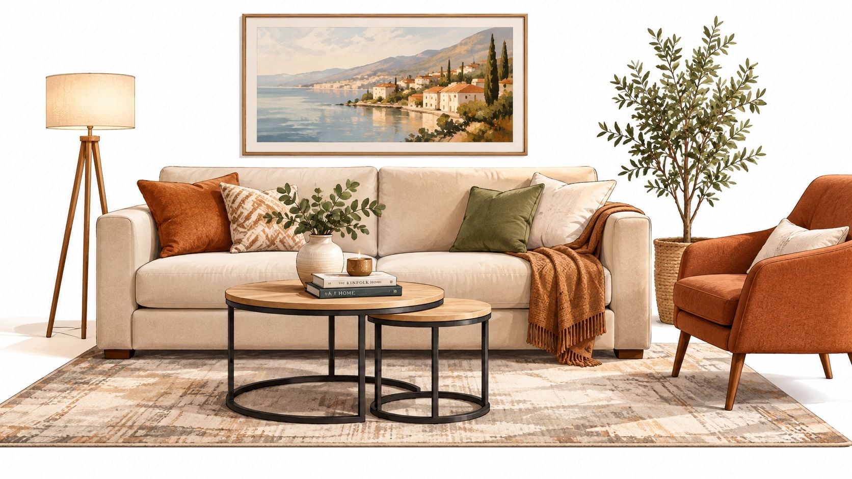 A modern living room featuring a cream sofa, nesting side tables, a cozy armchair, and coastal wall art.