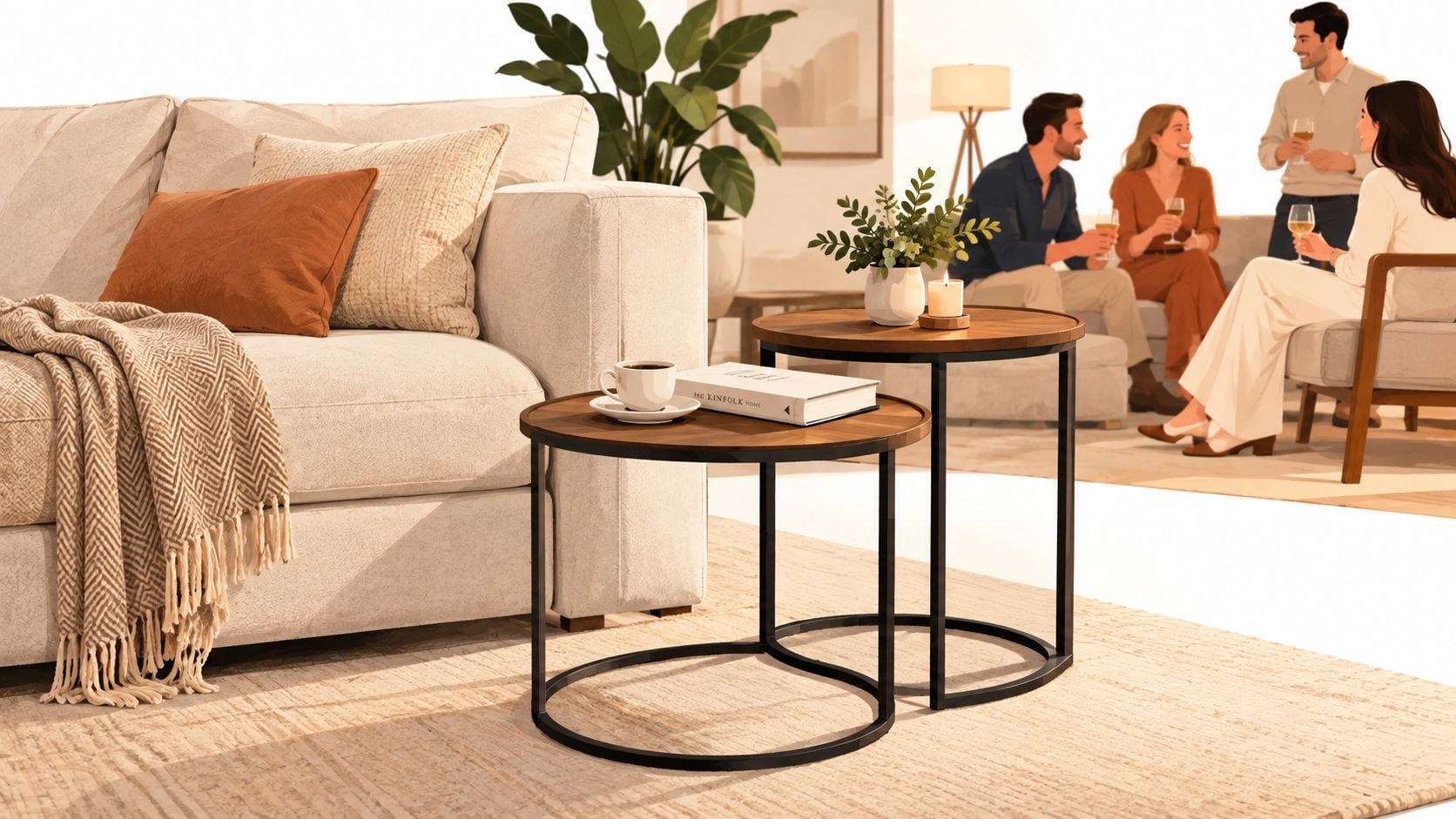 Two modern wooden nesting side tables with a coffee cup and book next to a cozy couch.
