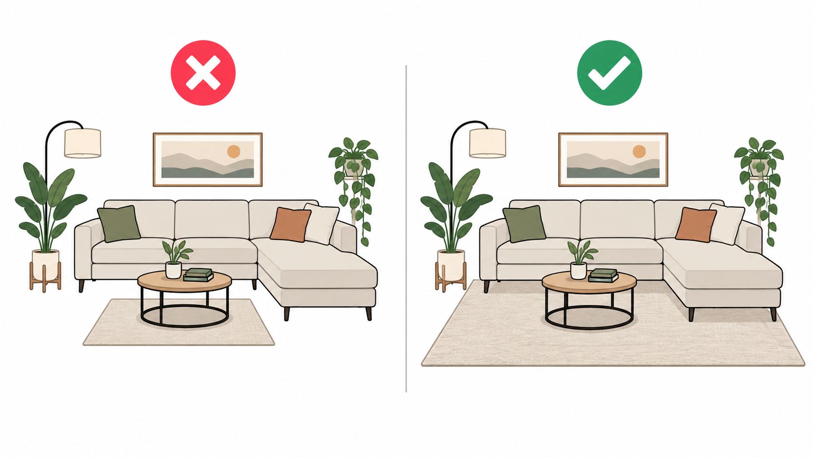 A diagram comparing incorrect and correct area rug sizes under a sectional sofa in a living room.