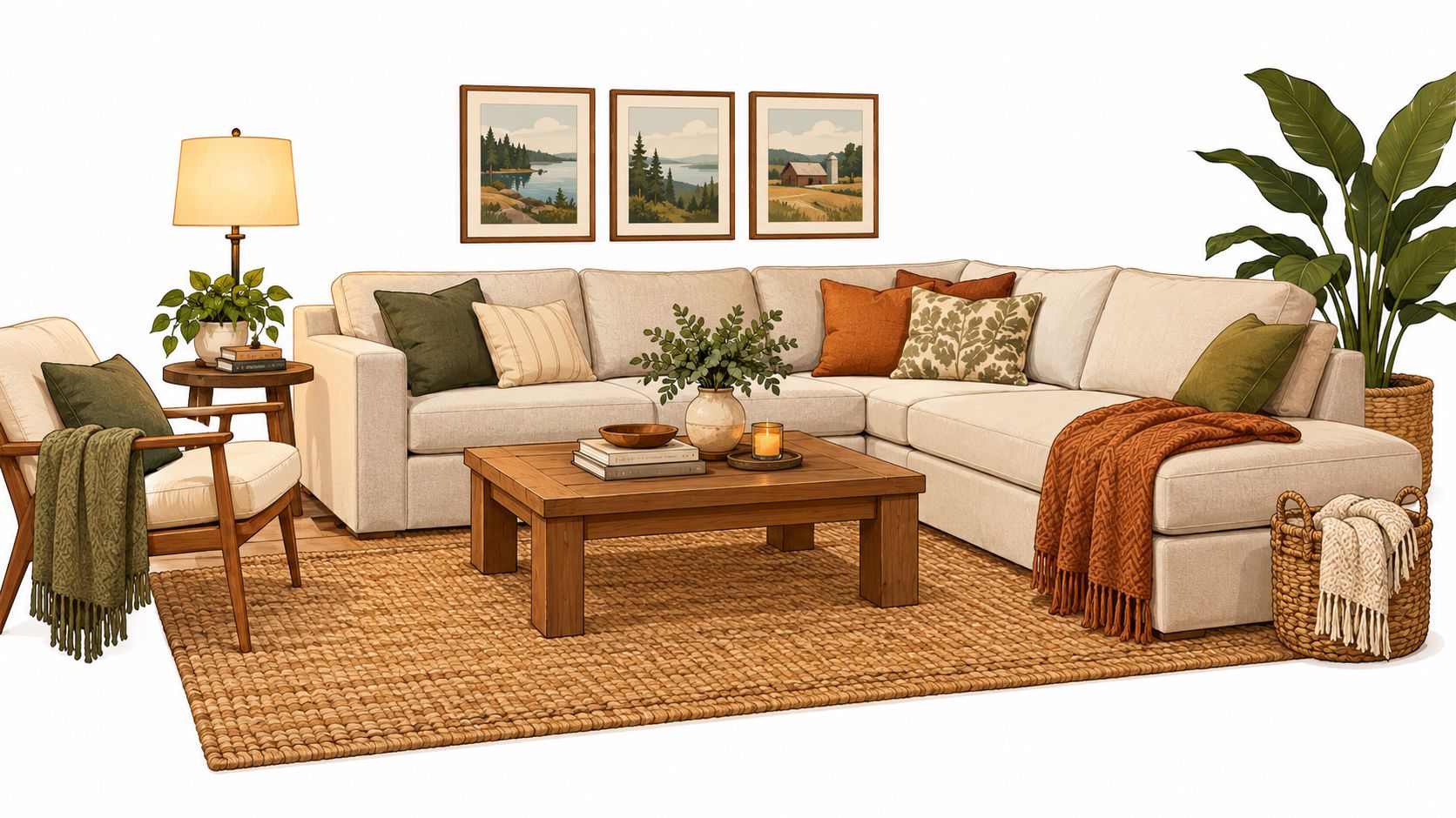 A modern living room featuring a cozy sectional sofa, wooden coffee table, and area rug, decorated in autumn colors.