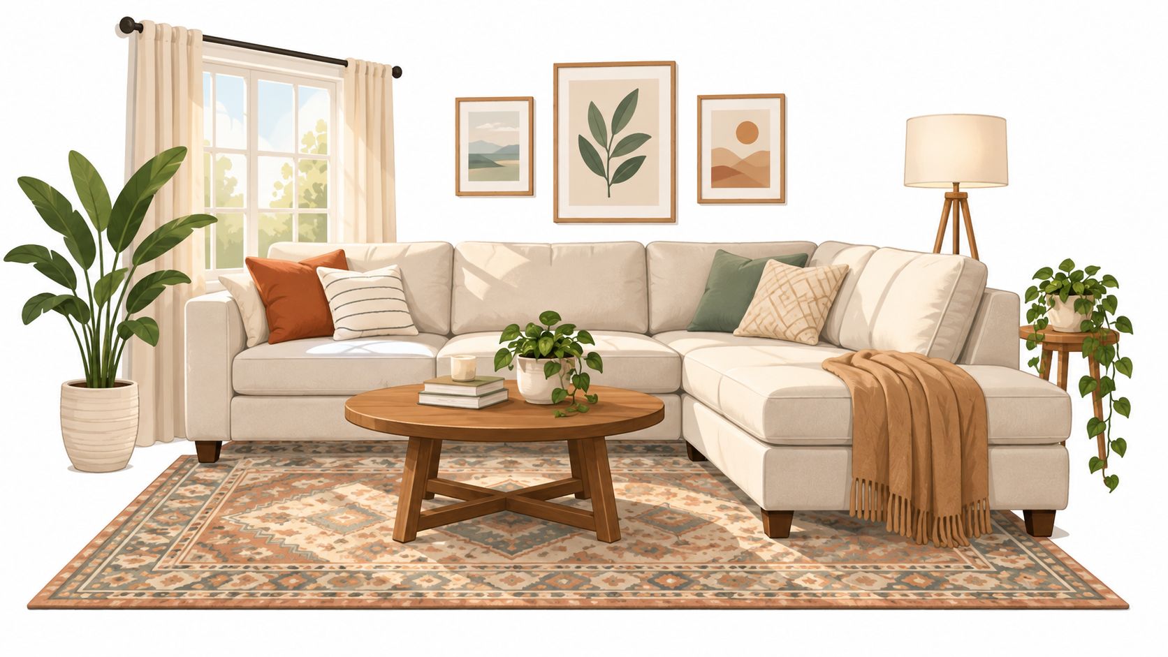 A modern living room featuring a cream sectional sofa, round wooden coffee table, and patterned area rug.
