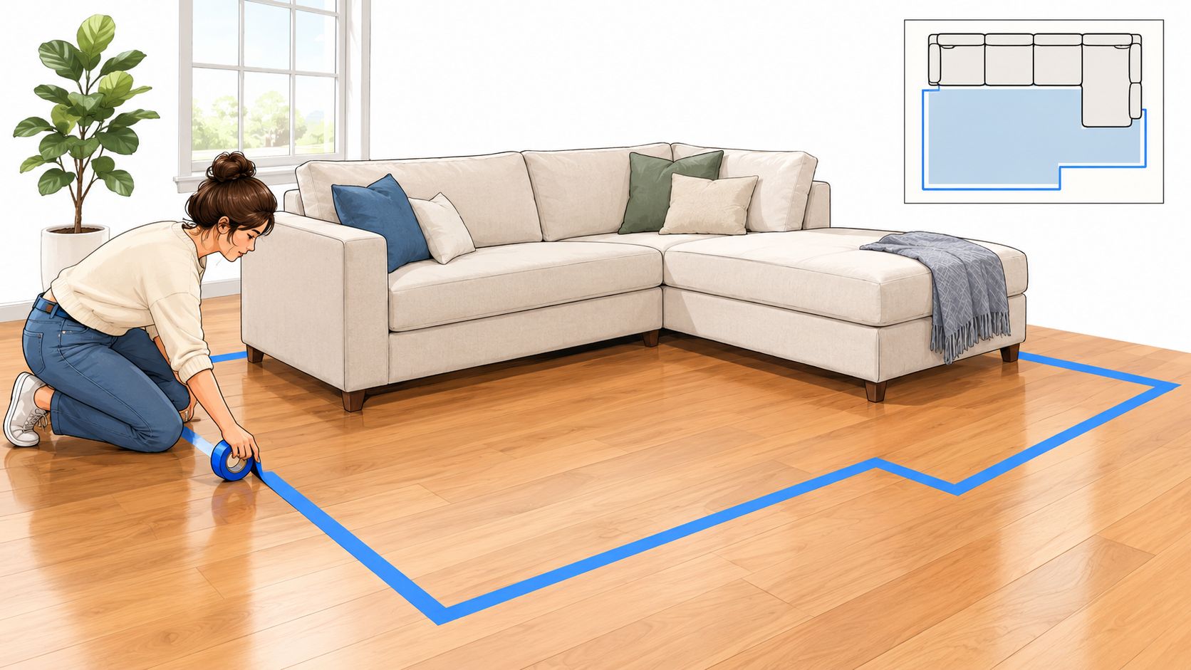 A woman uses blue painter's tape to outline rug dimensions on the floor for a sectional sofa.