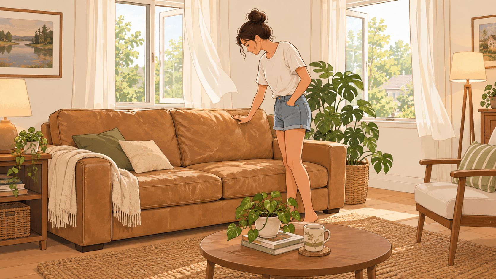 A woman stands by a warm tan leather couch in a cozy, sunlit living room with plants.