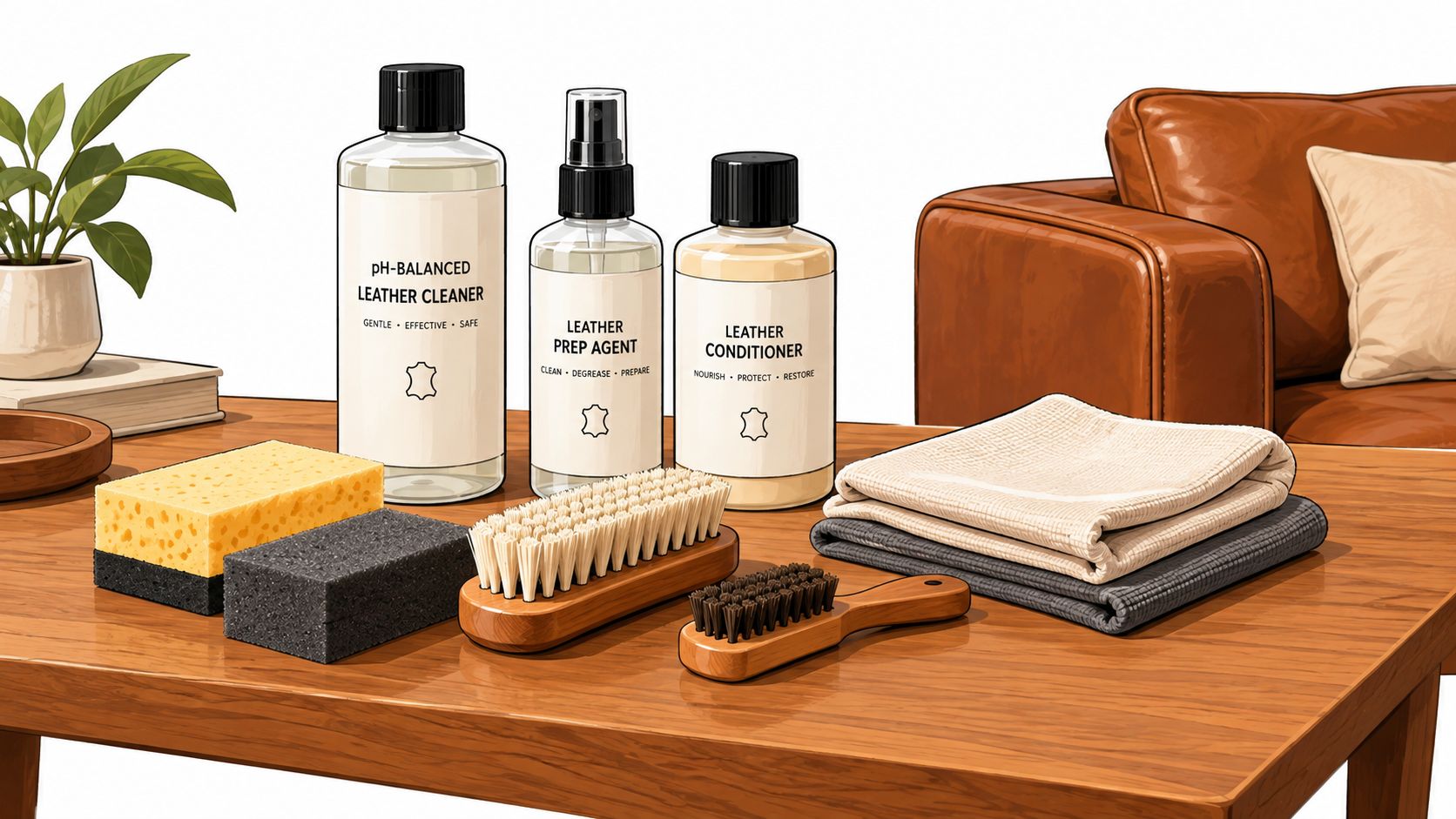 A leather care kit with bottles of cleaner, conditioner, and prep agent with brushes and cleaning cloths.