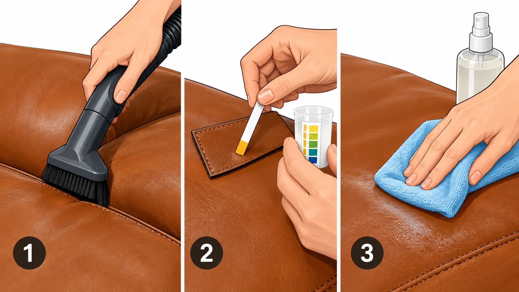 Three steps illustrating the process of cleaning and maintaining a leather sofa with professional tools.