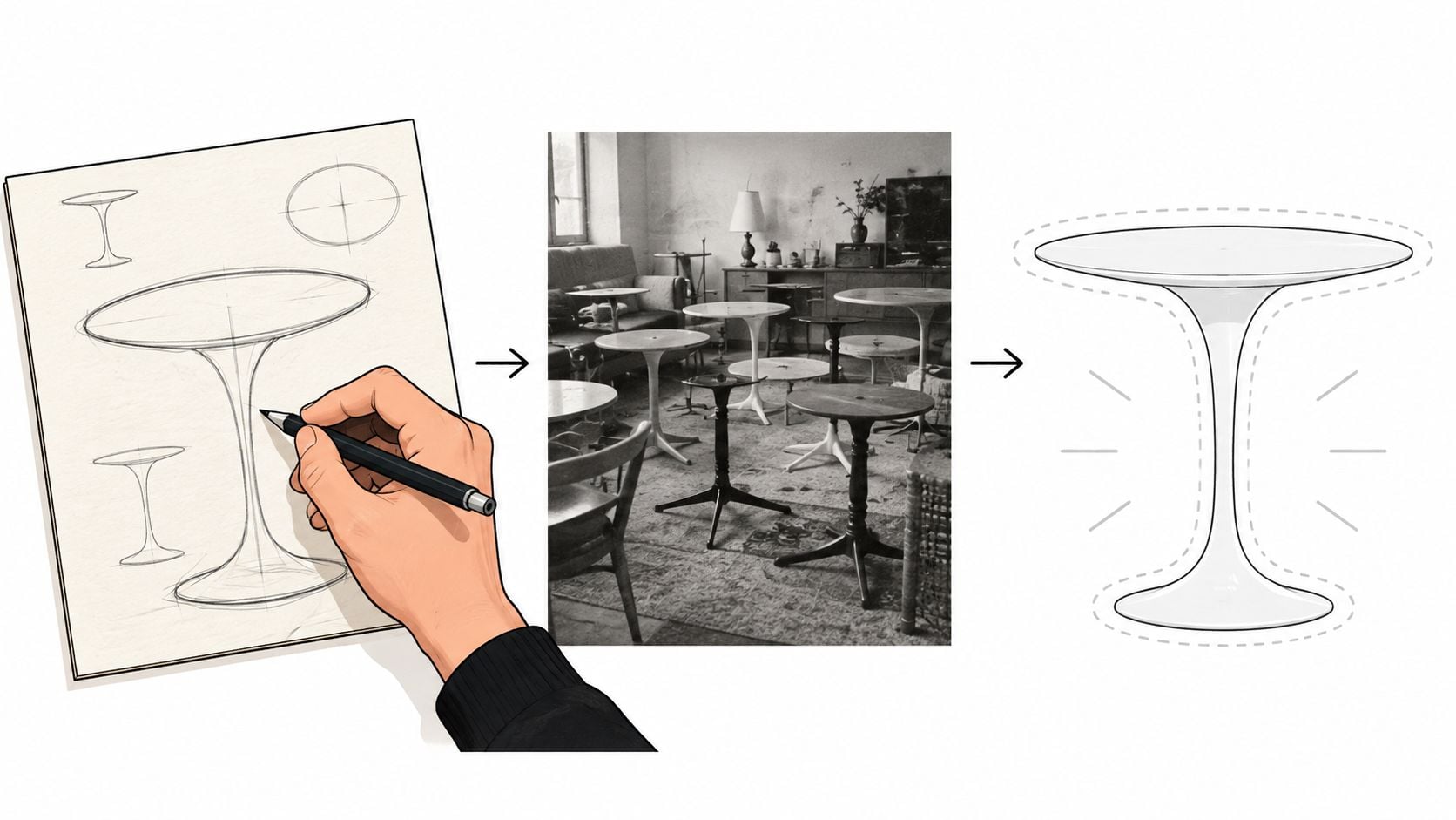 A conceptual illustration showing the design process of a modern tulip dining table from sketch to final rendering.
