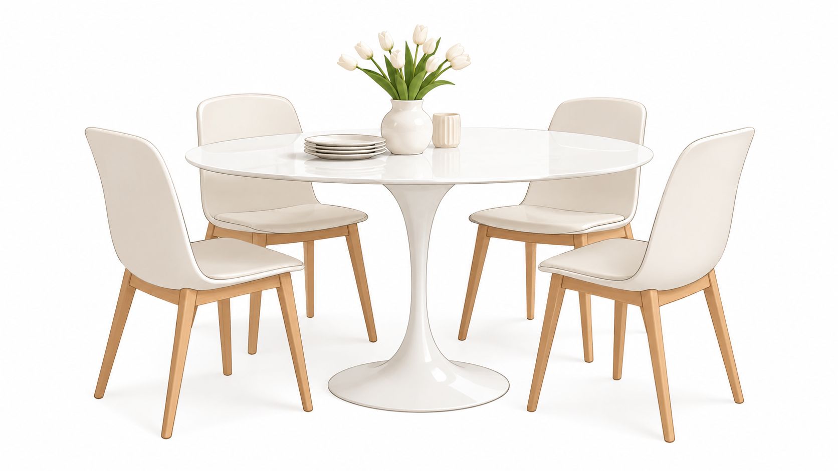 A modern white tulip dining table with four matching off-white chairs and a vase of tulips.