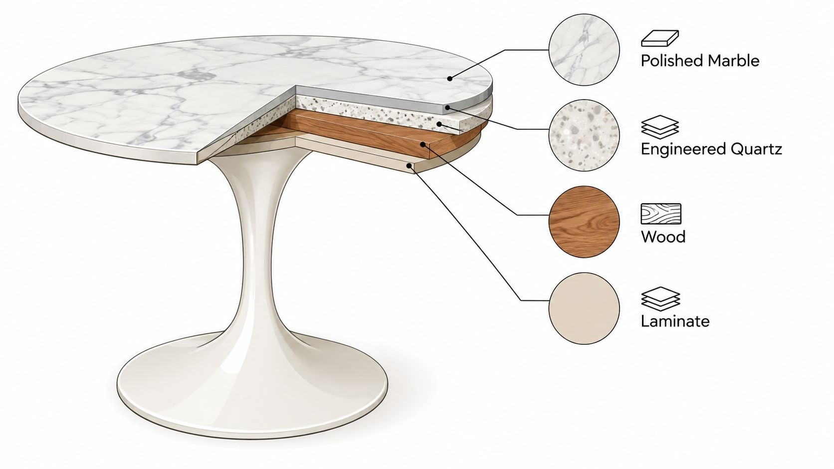 A cross-section illustration showing the layered material composition of a modern white tulip dining table.