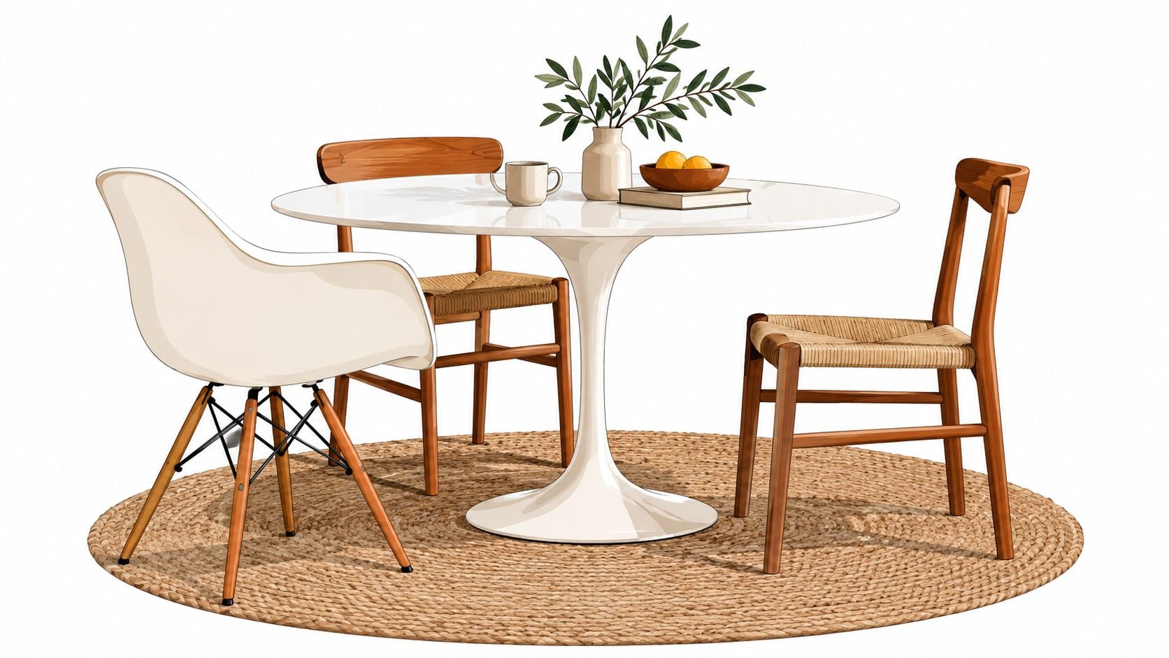 A modern white tulip dining table surrounded by three unique chairs on a circular woven jute rug.
