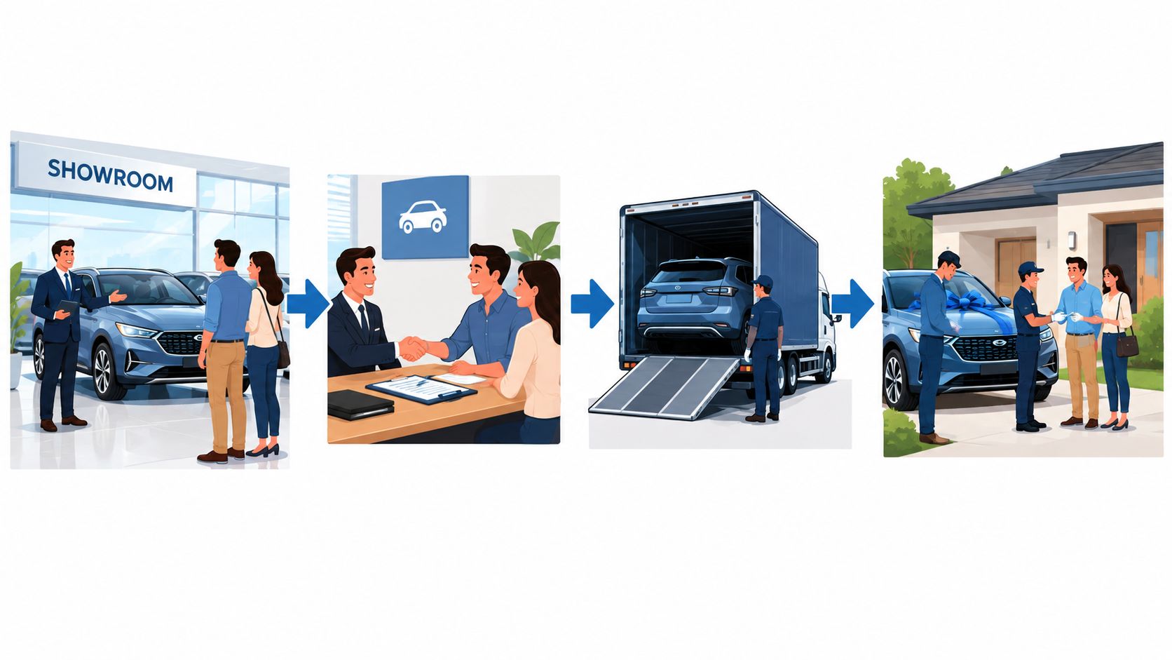 A sequence of illustrations showing the process of buying a new car and having it delivered home.