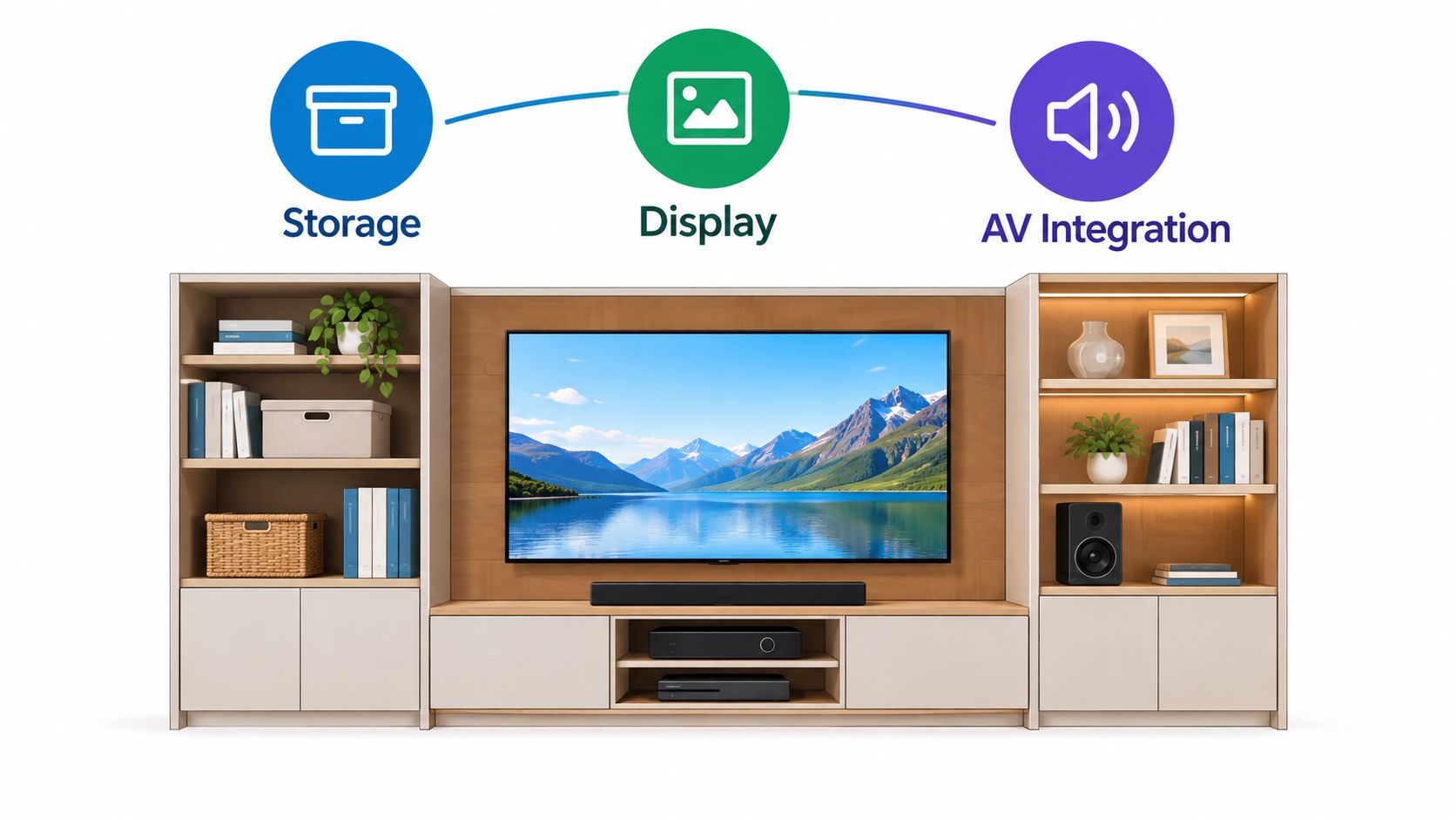 A modern light wood entertainment wall unit with open shelving for storage and a mounted television screen.