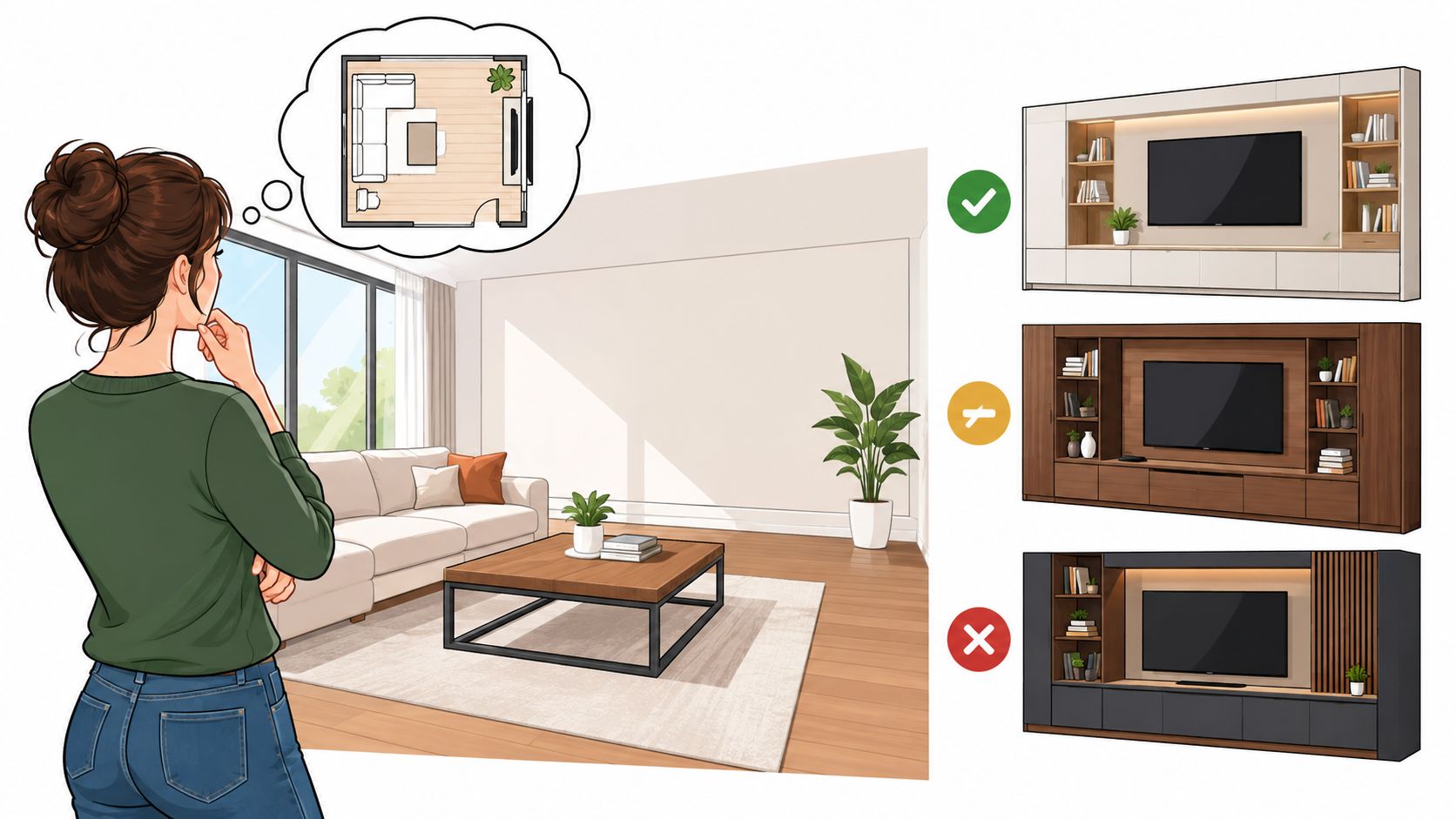 A woman considers interior design options for a living room wall unit with three different TV stand styles.