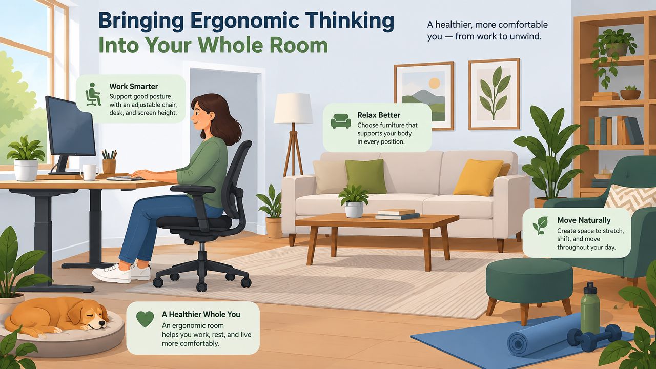 A woman working at an ergonomic desk, sitting in a living room designed for comfort and wellness.