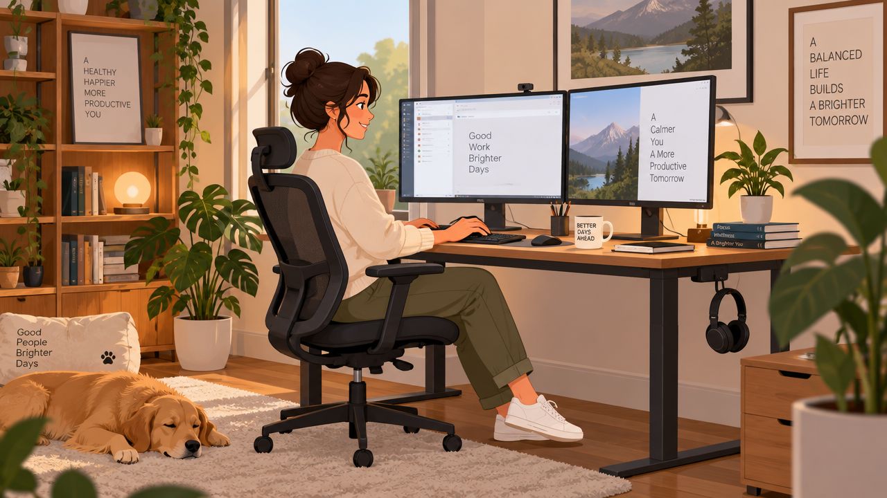 A woman working at a modern ergonomic desk setup in a cozy, sunlit home office with her dog.