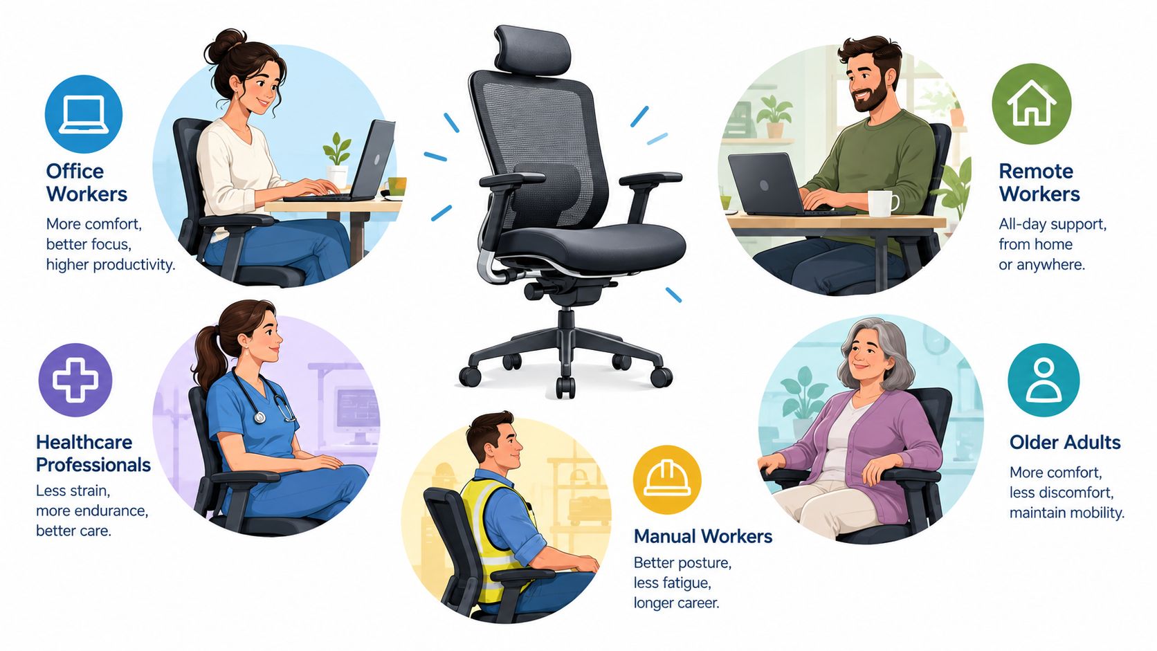 An ergonomic office chair surrounded by illustrations of diverse professionals benefitting from improved comfort and posture.