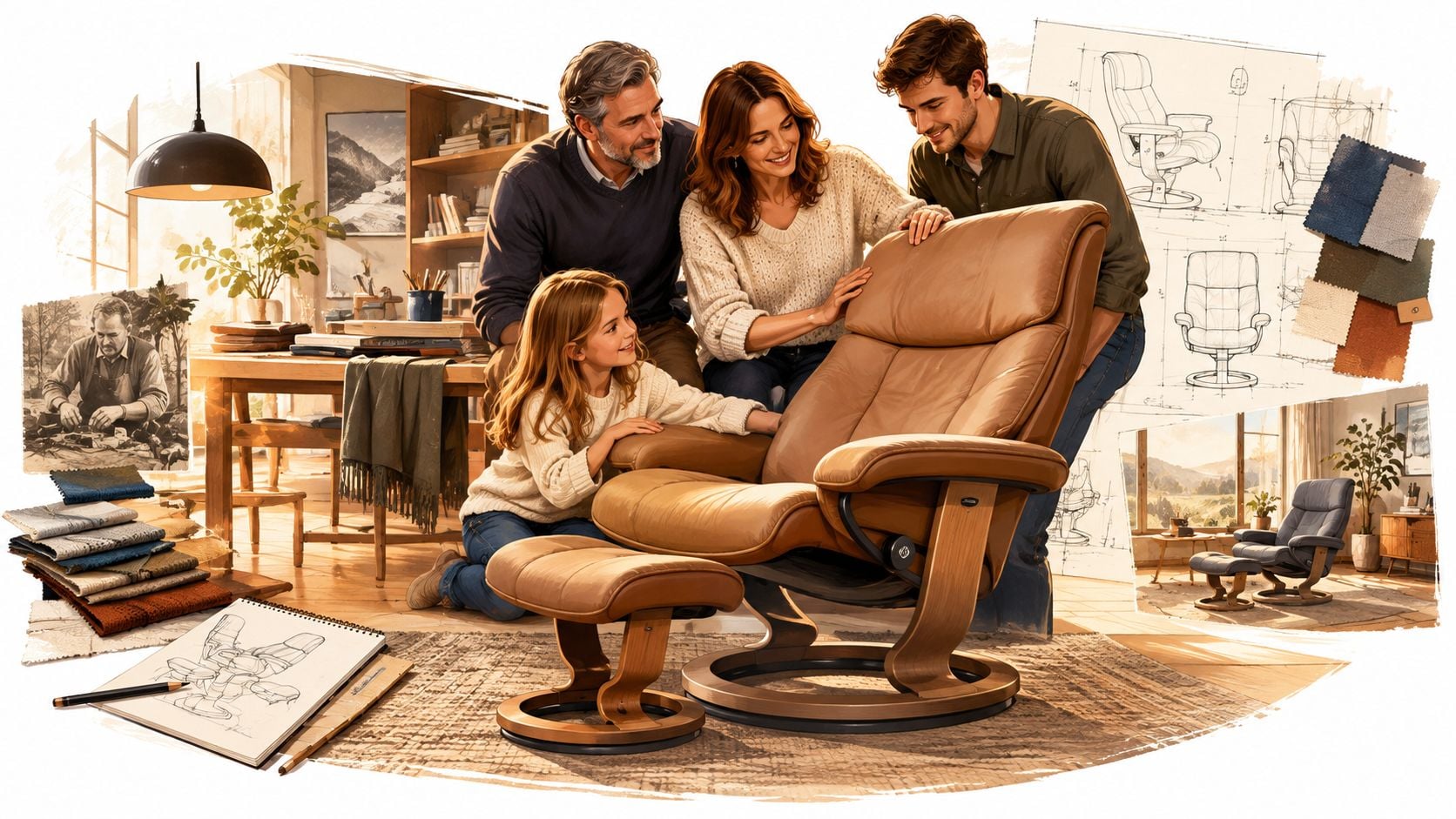 A family gathered around a modern, tan leather recliner chair with an ottoman in a cozy studio setting.