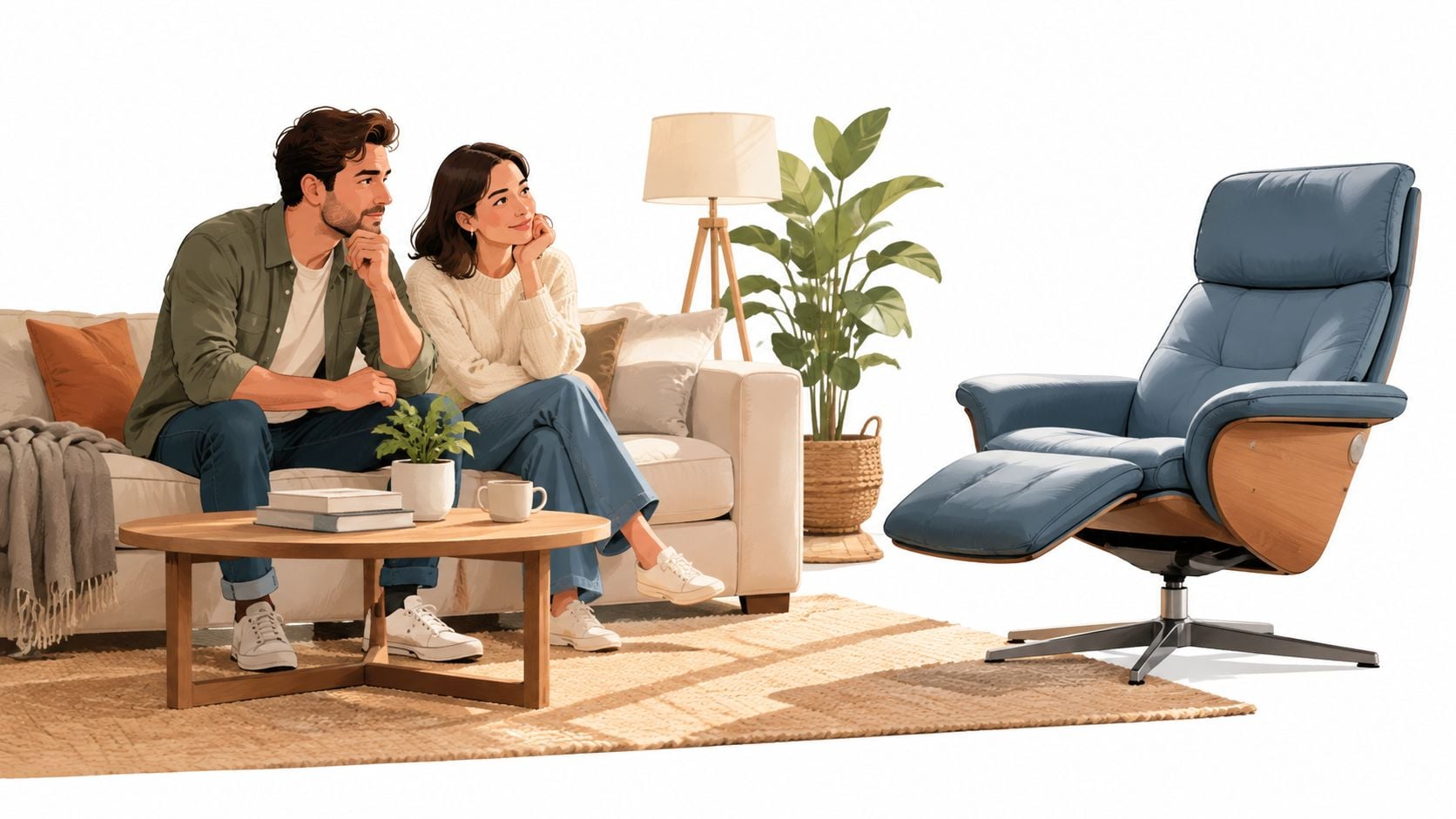 A happy couple sitting on a cream sofa in a modern living room looking at a blue recliner chair.