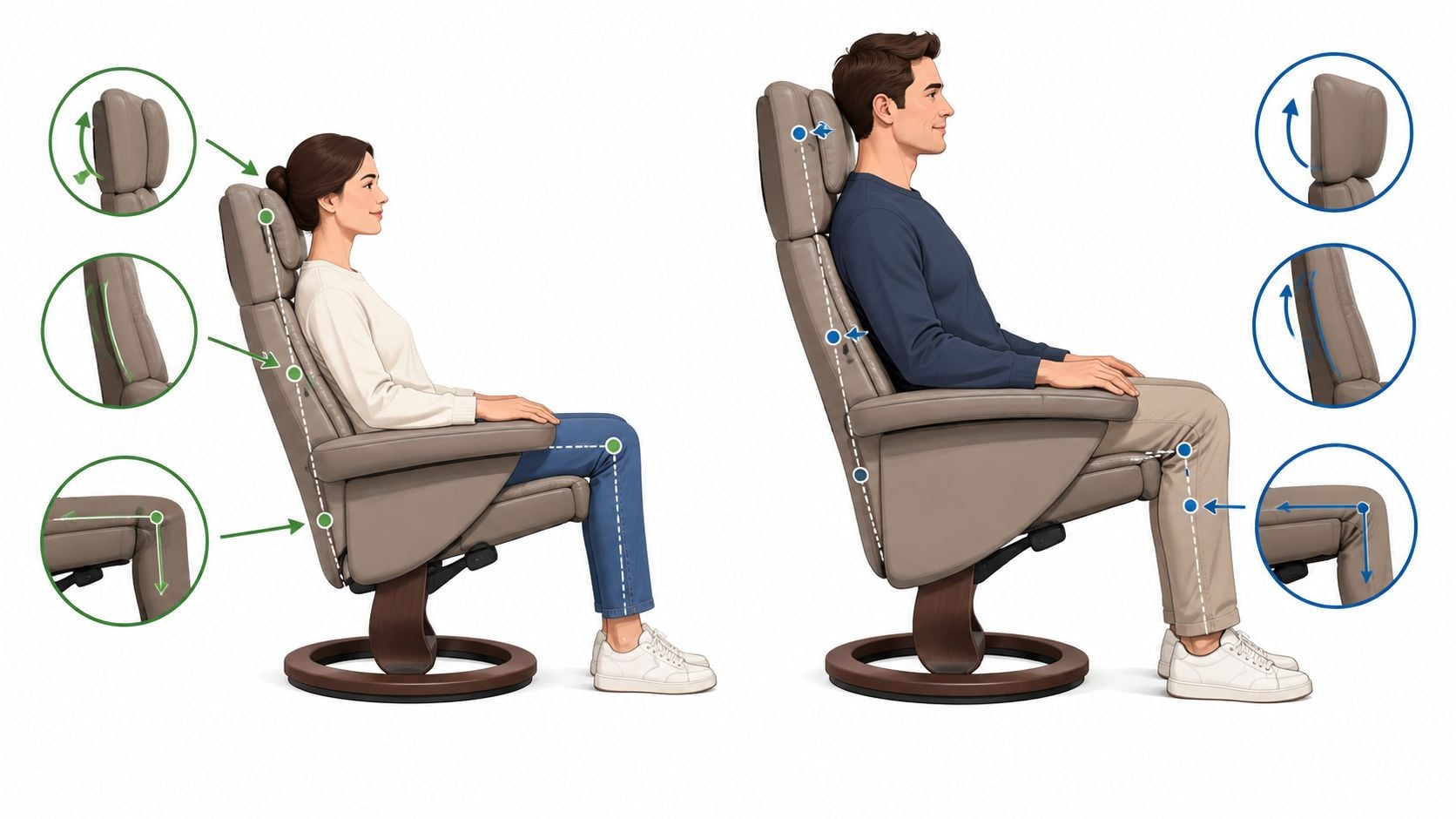 A woman and a man sitting in identical comfortable recliner chairs illustrating different adjustable ergonomic seat features.